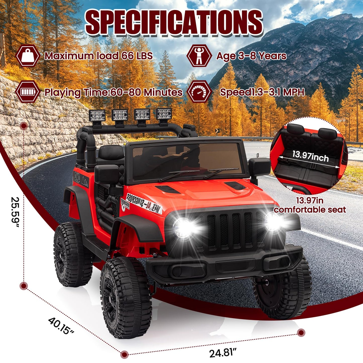Garvee Ride - P Series: 12V Kids Electric Vehicles with Remote Control, 2 Speeds, Spring Suspension, LED Headlight, Bluetooth, Music, Battery Powered Car for Kids - Red