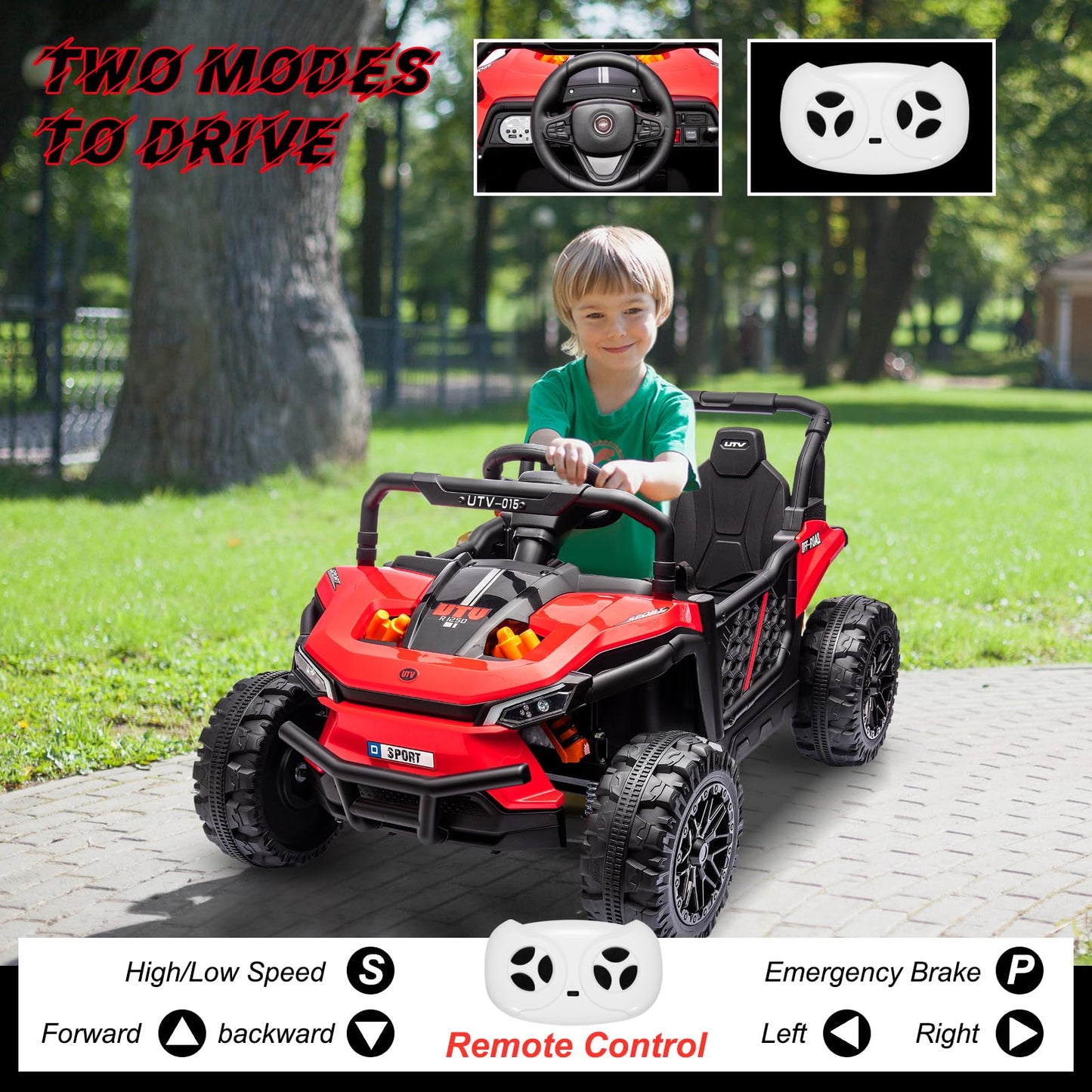 Garvee Ride - P Series: 12V Electric UTV Car with Remote Control, Ride on Truck with Toy Storage, Spring Suspension, LED Headlights, Ride Cars w/4 Wheels, Ride on Toys for Boys Girls, Red