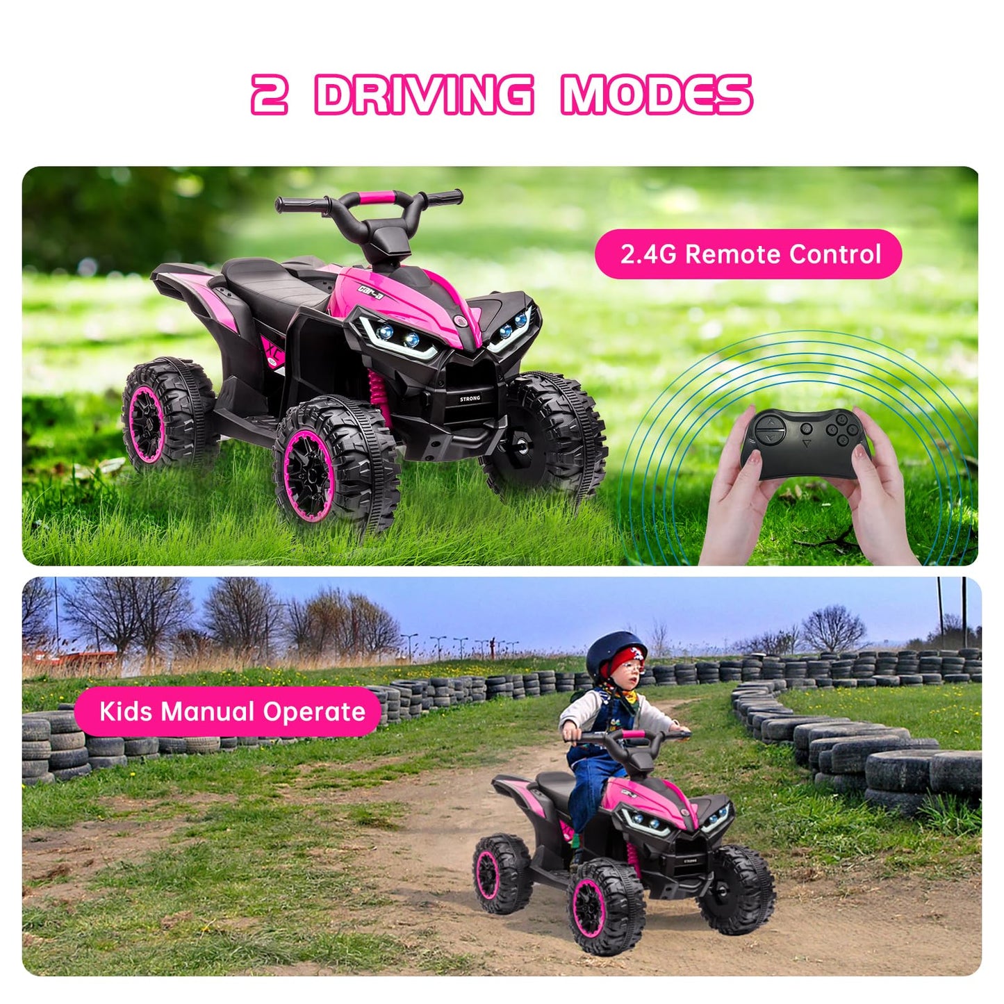 Garvee Ride - P Series: 12V Kids Quad ATV 4 Wheeler with Music, LED Lights for Boys & Girls - Pink