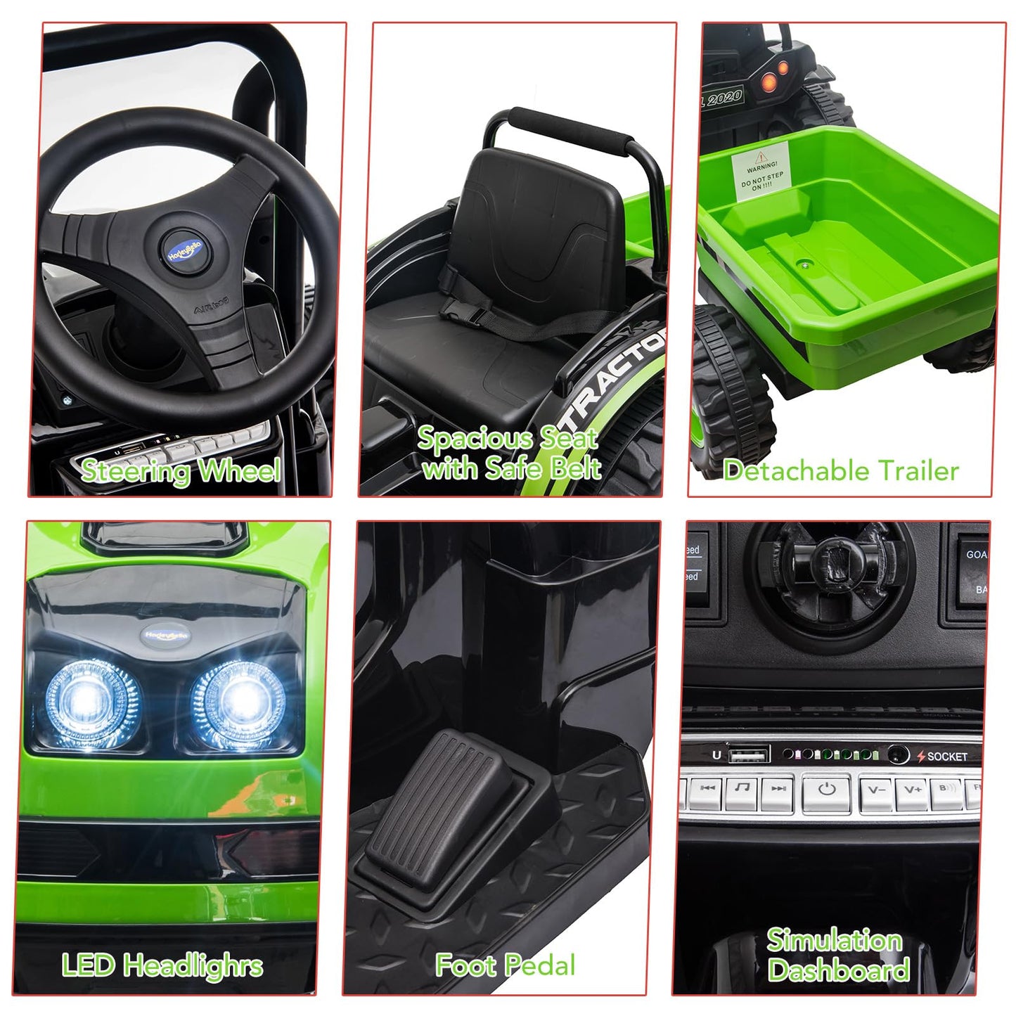 Garvee Ride - P Series: 12V Electric Ride-On Tractor for Kids with Trailer, Remote Control, Music, LED Lights, and Rear Wheel Suspension - Battery Powered Toy Vehicle - Green