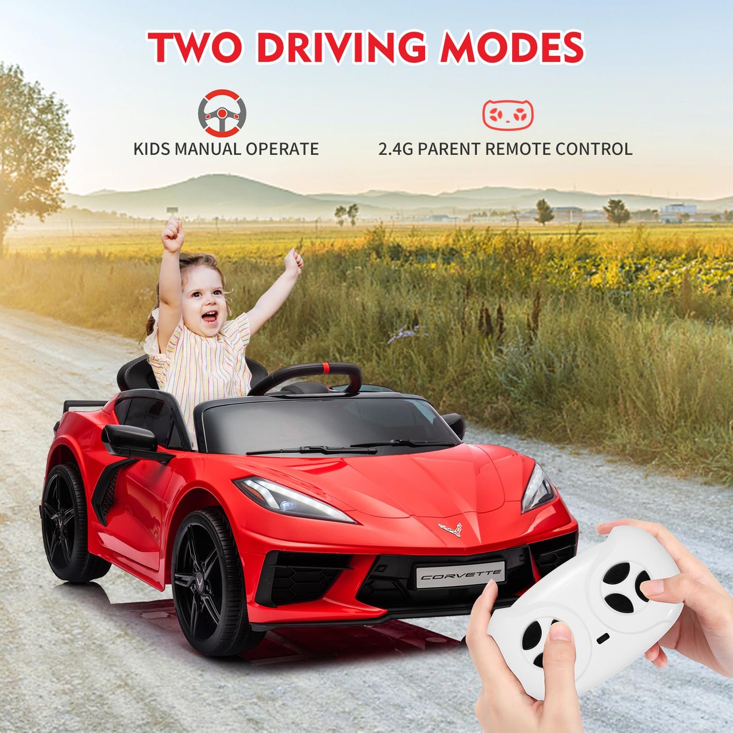 Garvee Ride - P Series: 12V Kids Ride on Car Licensed Corvette Battery Powered Car Toddles Electric Sports Car Toy with Remote Control, Visual Dashboard, LED Lights, Music, Gifts for Boys Girls, Red