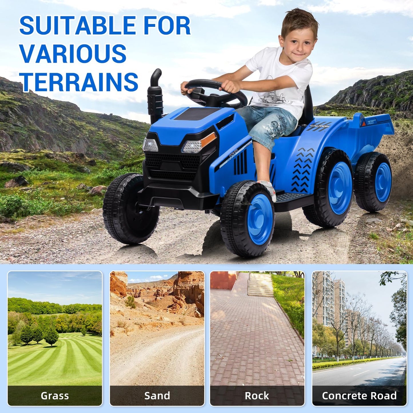 Garvee Ride - P Series: Kids Ride on Tractor with Trailer, Kids’ Electric Vehicles with Wear-Resistant Wheels, LED Headlights, Music & USB Port, Kids Ride on Car Toys for Toddlers Kids, Blue