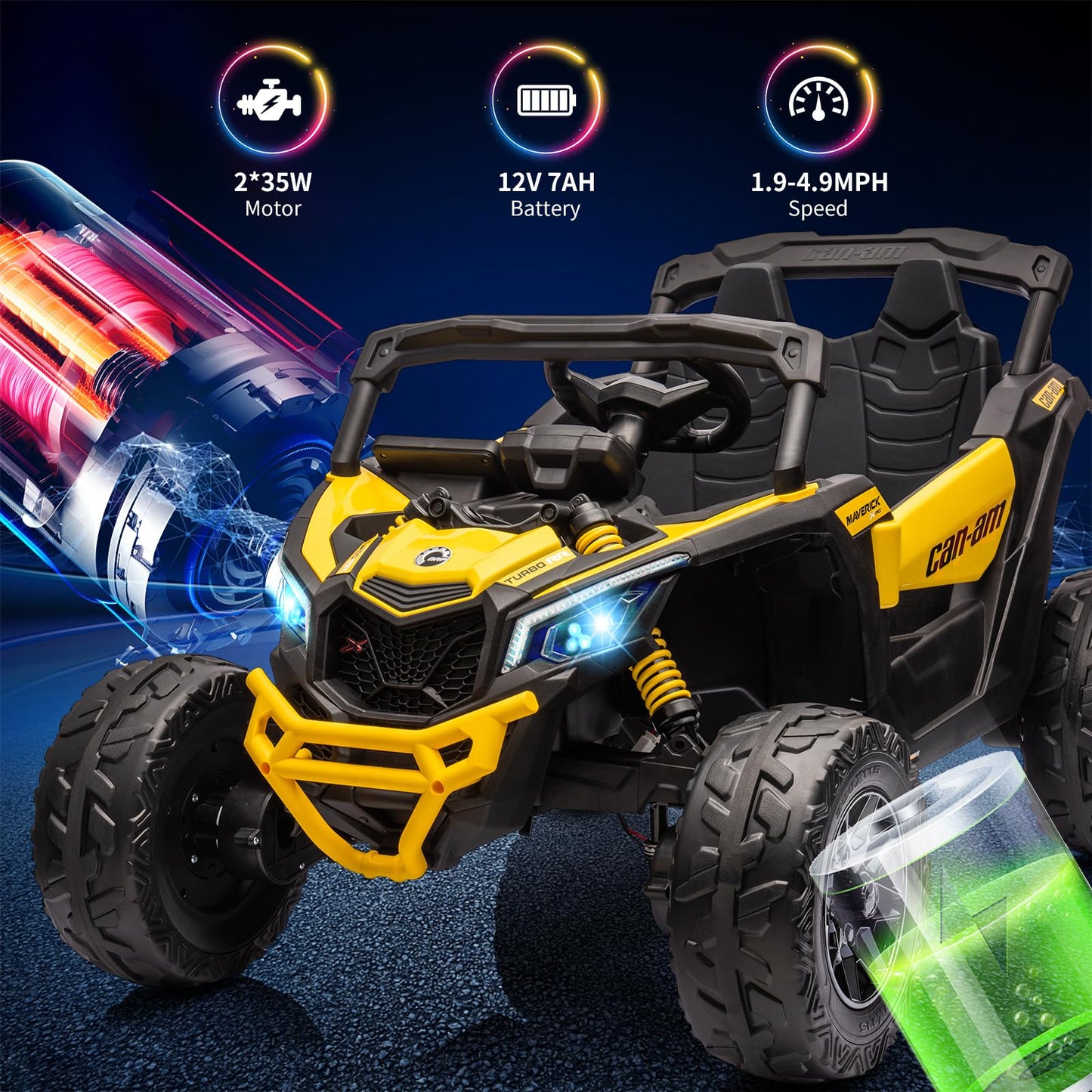 Garvee Ride - P Series: 12V Can-Am Ride-On UTV: Remote Control, Large Seat, Music, LED Lights, Spring Suspension, for Boys & Girls - Yellow