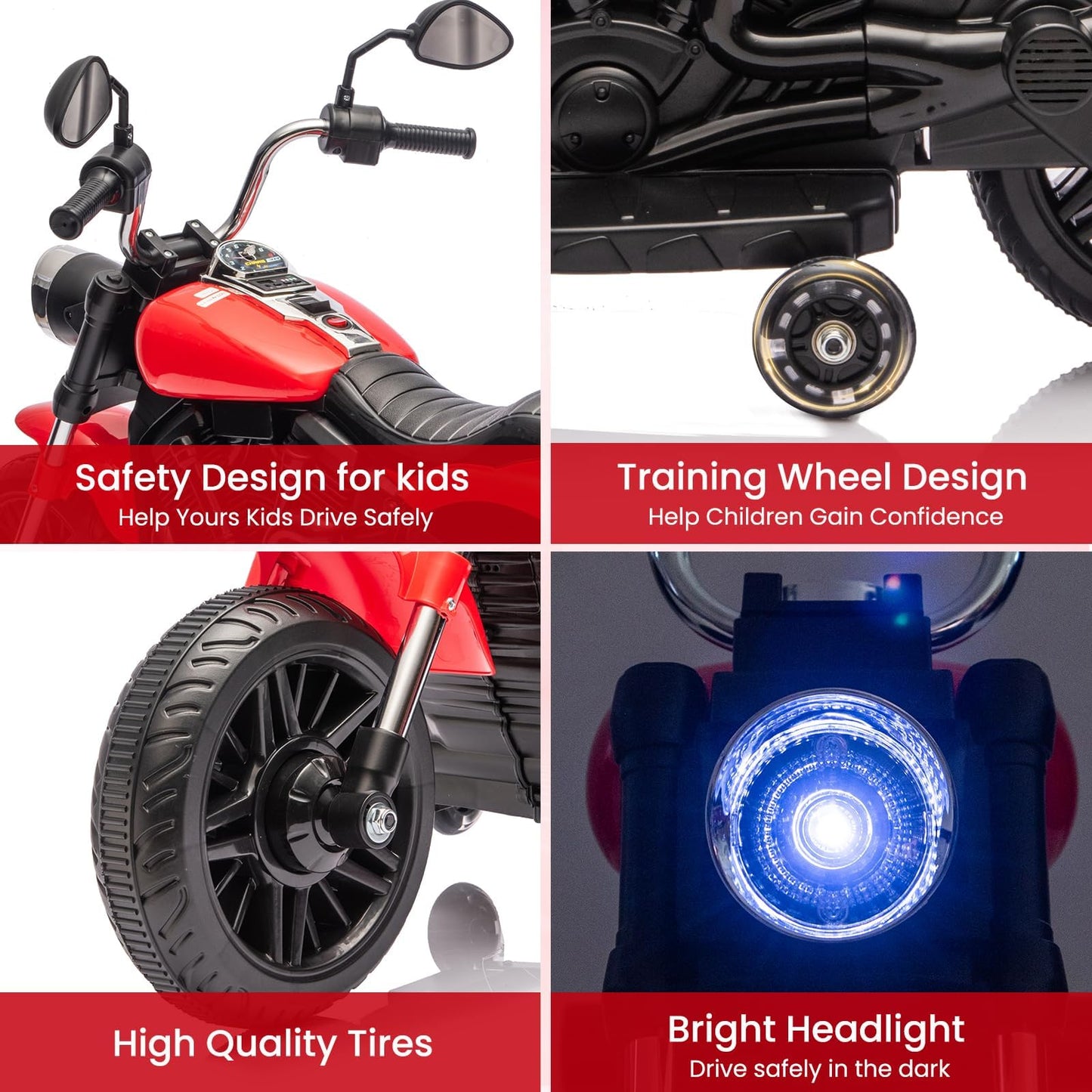Garvee Ride - P Series: 12V Electric Motorcycle for Kids with Detachable Training Wheels, Soft Start, Reverse Function, Headlight, Horn, Music - Red, Toddler Ride-On Toy