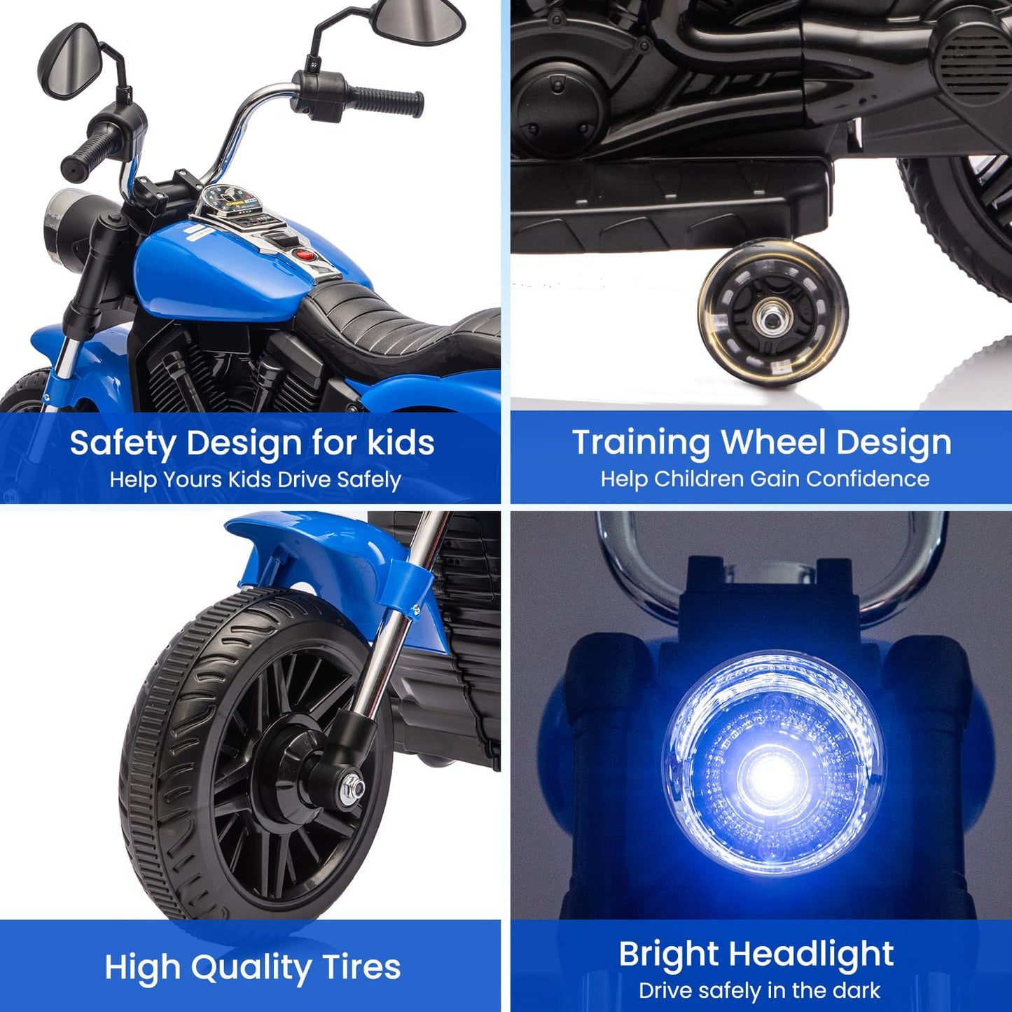Garvee Ride - P Series: 12V Electric Motorcycle for Kids with Detachable Training Wheels, Soft Start, Reverse Function, Blue, Toddler Ride-On Toy