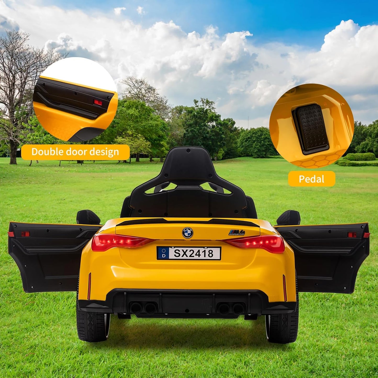 Garvee Ride - P Series: 12V Electric Ride On Car for 37-83 Months, w/RC,Licensed by BMW M4,Power Wheels for Boys Girls, with Suspension System,3 Speeds, Bluetooth, MP3, Double Door, LED Light - Yellow