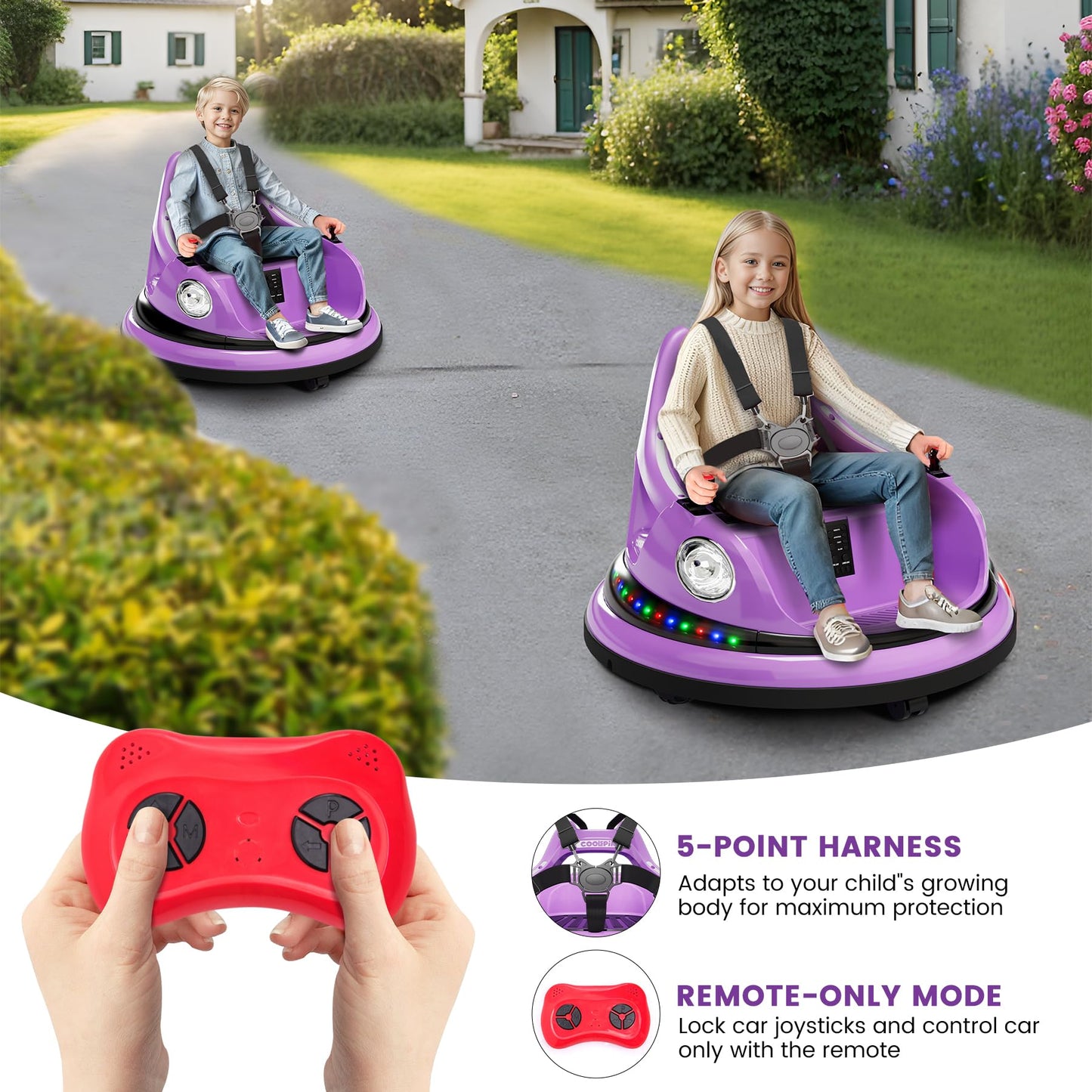 Garvee Ride - P Series: 12V Ride on Toddler Bumping Car W/Remote Control, LED Lights & 360 Degree Spin, ASTM Certified - Purple