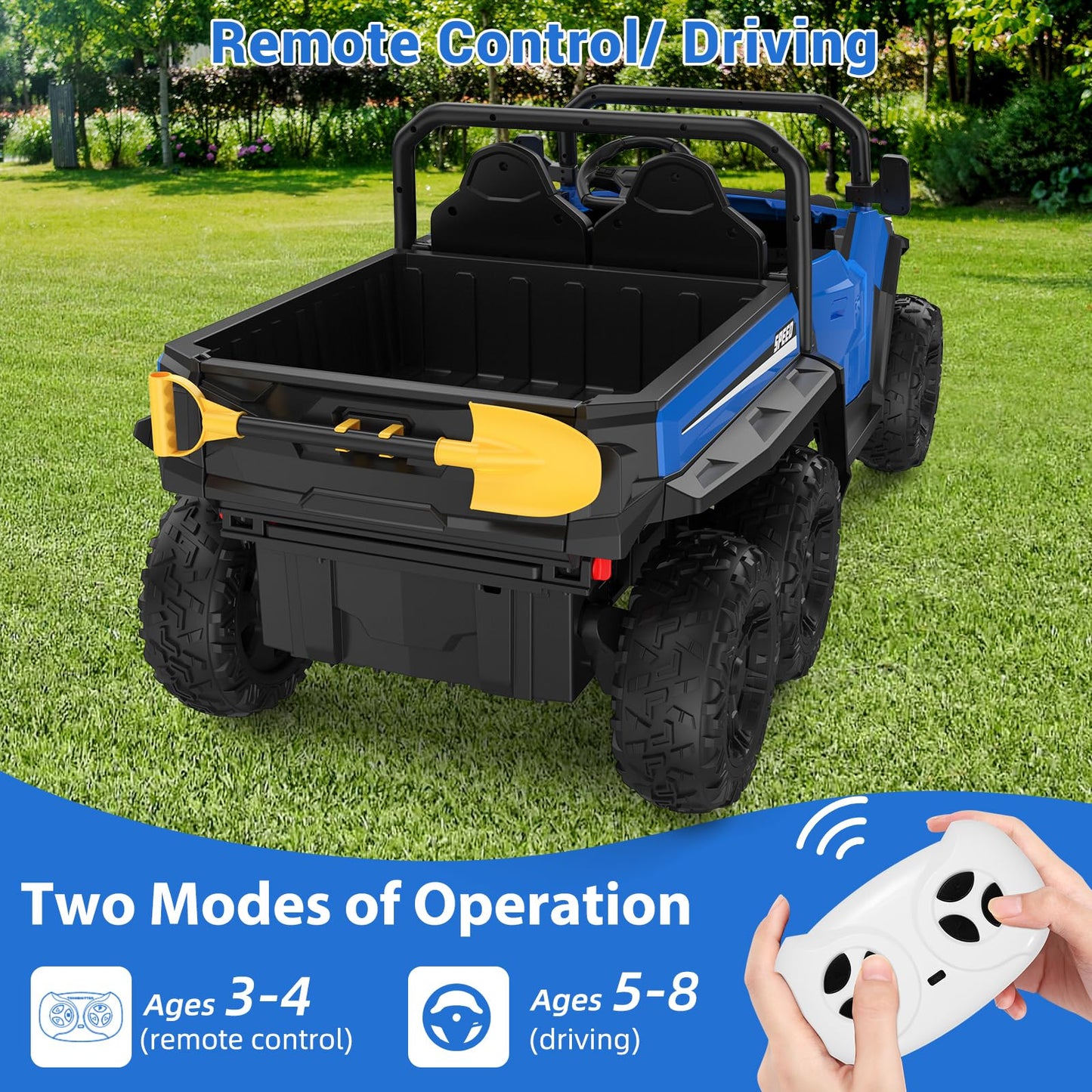 Garvee Ride - P Series: 24V 4WD Electric Ride On Dump Truck with Remote Control, 2-Seater, Music Player, LED Lights, Key Start Safety System, Durable Plastic, Off-Road Kids Toy for Ages 3+ - Blue