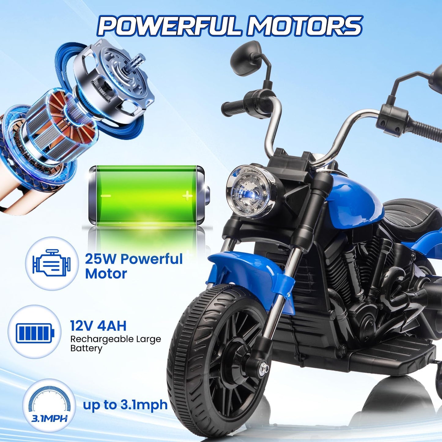 Garvee Ride - P Series: 12V Electric Motorcycle for Kids with Detachable Training Wheels, Soft Start, Reverse Function, Blue, Toddler Ride-On Toy