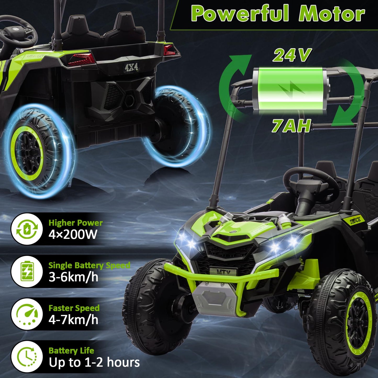Garvee Ride - P Series: 24V Ride On Utv for Kids, 2 Seater Electric Truck With Sun Shade,4WD Electric Car Toy With Remote Control, Led Lights, 4 Shock Absorbersm,One Click Start, Music Player - Green