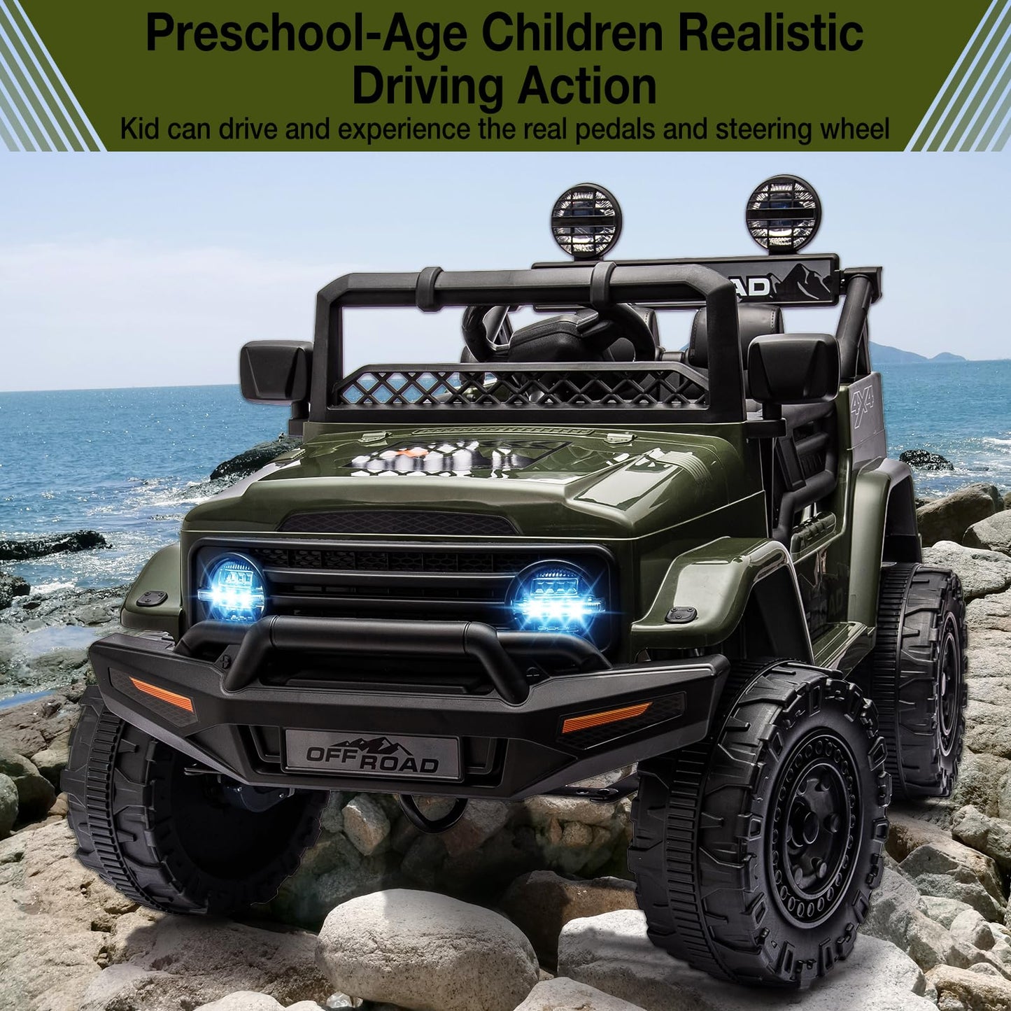 Garvee Ride - P Series: 12V Power Wheel Electric Car for Kids, Ride on Toys with Led Lights Bluetooth, 3 Speeds, Spring Suspension - Dark Green