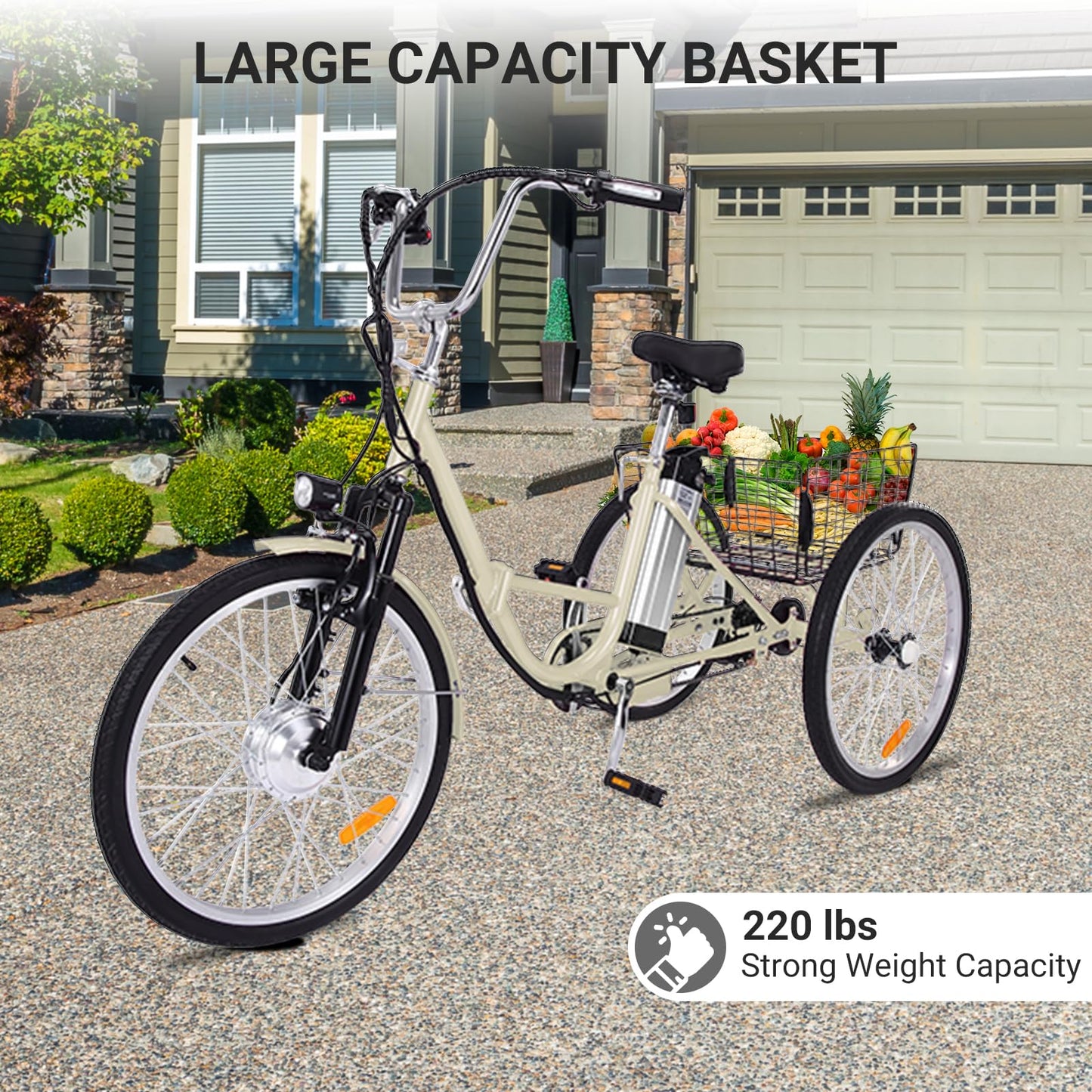 Garvee 24 Inch Adult 3 Wheel Electric Tricycle with Basket, Fat Tires,7 Speeds,350W Powerful Motor, 36V 10Ah Removable Battery - Beige