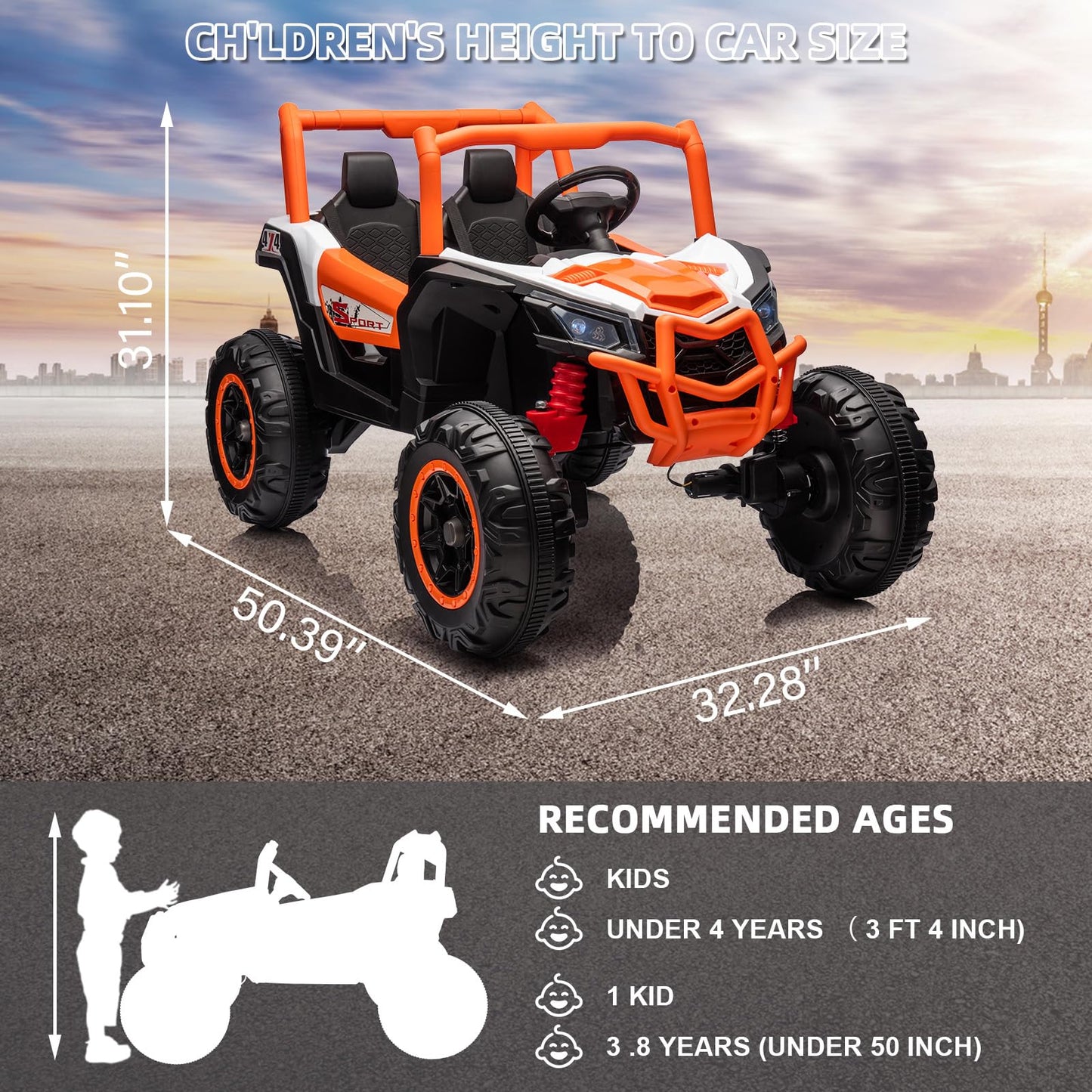 Garvee Ride - P Series: 24V 2-Seater Ride-On UTV: 4WD, Remote Control, Metal Frame, EVA Wheels, LED Lights, Spring Suspension, for Ages 3+ - Orange