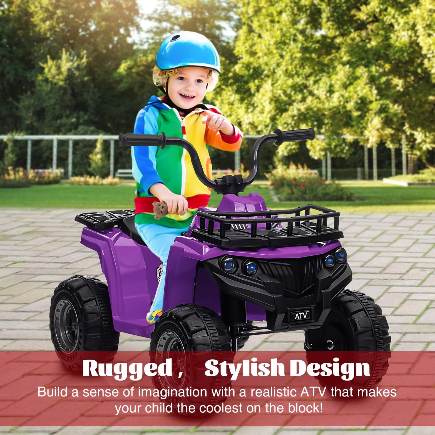 Garvee Ride - P Series: 12V Kids Ride On Electric Quad ATV, Ride Car Toy with Bluetooth Audio,High/Low Speed, LED Headlights, Battery Indicator & Radio Orange - Purple