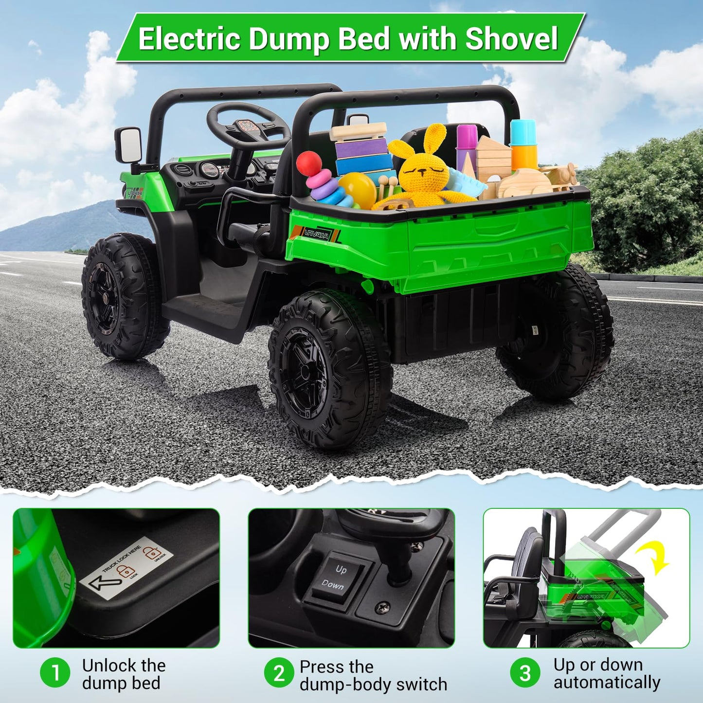 Garvee Ride - P Series: 24v Ride On Dump Truck, 2 Seater Electric Ride On Car Toy for Kids, Battery Powered UTV with 4x35W Motors, Shovel, Bluetooth, Remote Control, Music, LED Lights for Boys & Girls - Green