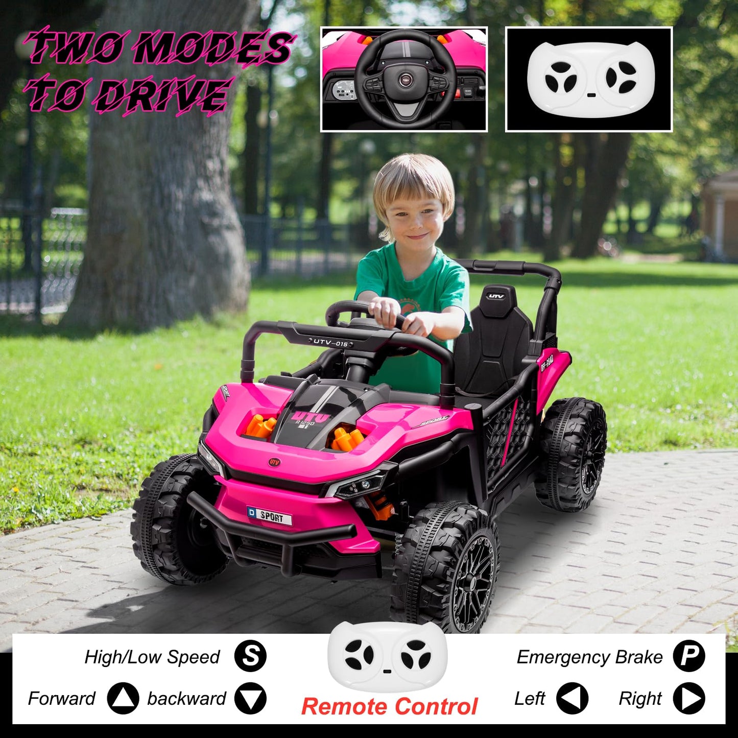 Garvee Ride - P Series: 12V Electric UTV Car with Remote Control, Ride on Truck with Toy Storage, Spring Suspension, LED Headlights, Ride Cars w/4 Wheels, Ride on Toys for Boys Girls, Pink