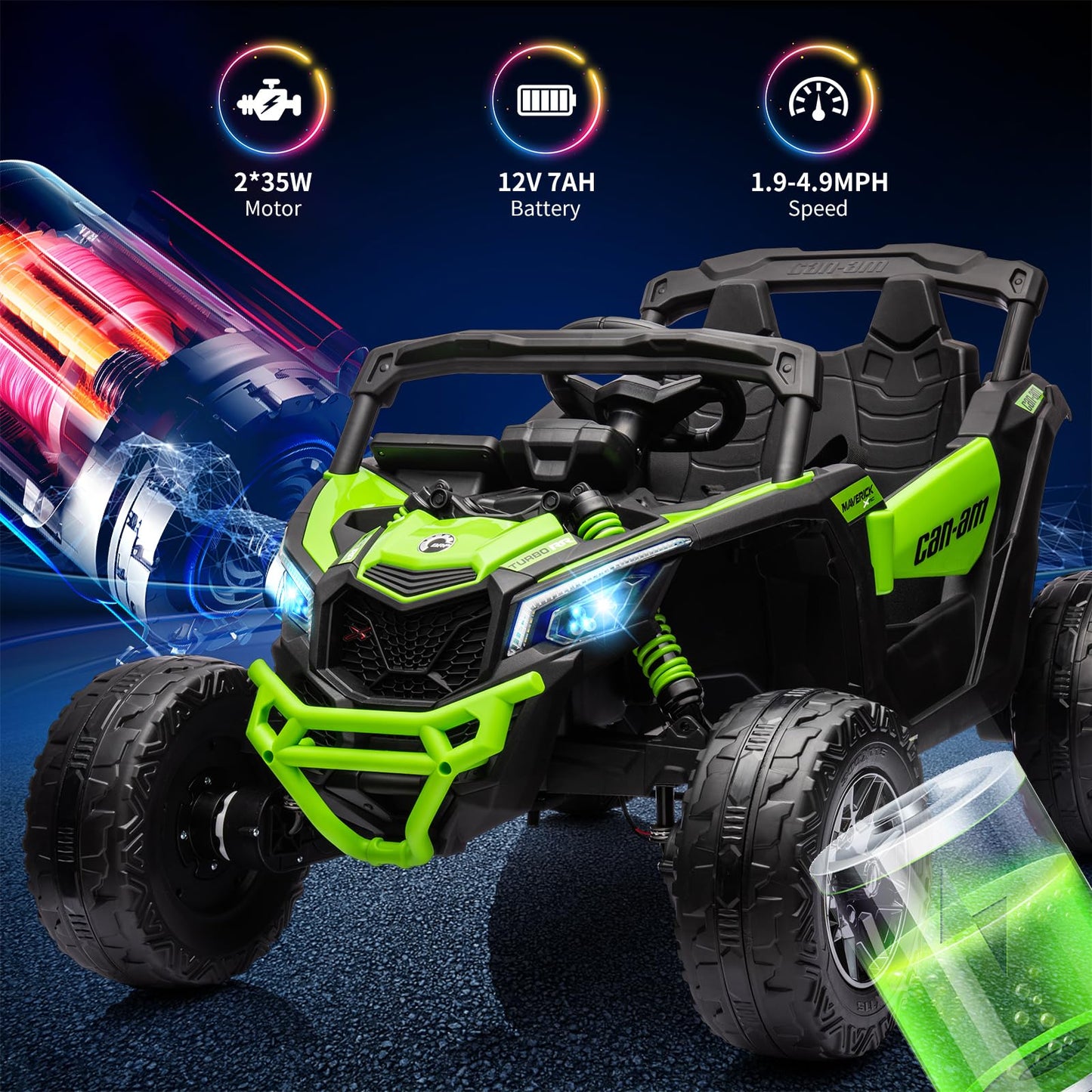 Garvee Ride - P Series: 12V Can-Am Ride-On UTV: Remote Control, Large Seat, Music, LED Lights, Spring Suspension, for Boys & Girls - Green
