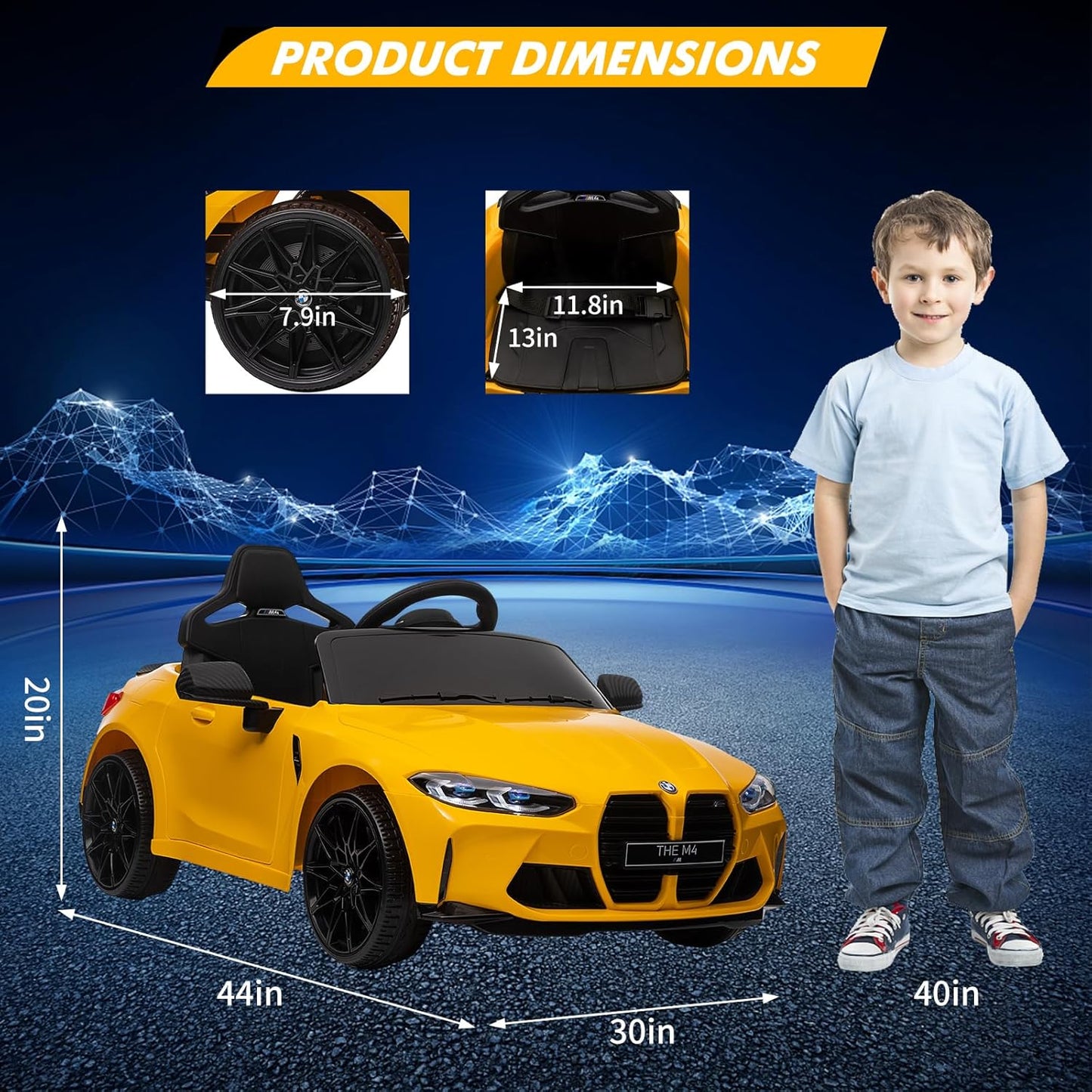Garvee Ride - P Series: 12V Electric Ride On Car for 37-83 Months, w/RC,Licensed by BMW M4,Power Wheels for Boys Girls, with Suspension System,3 Speeds, Bluetooth, MP3, Double Door, LED Light - Yellow