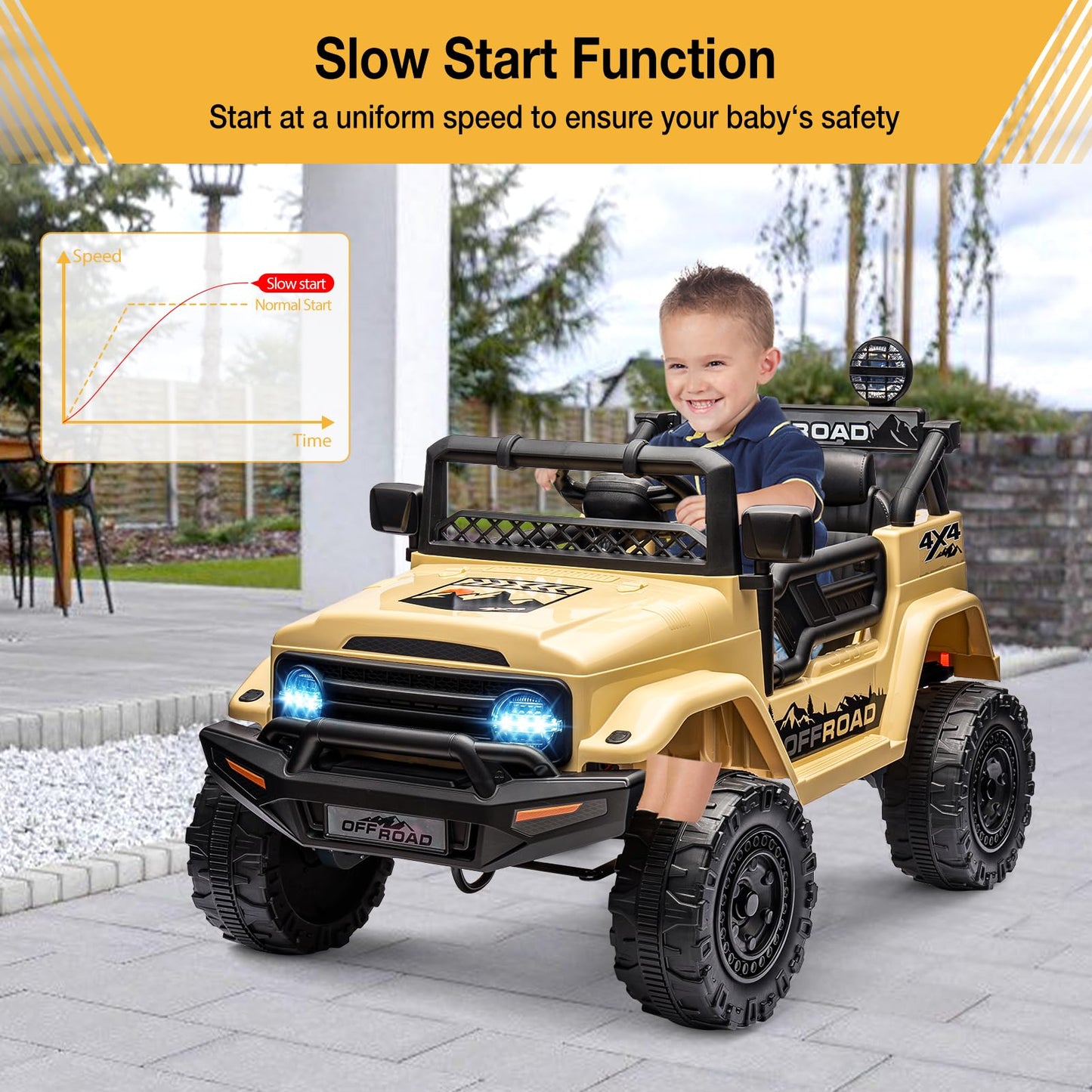 Garvee Ride - P Series: 12V Power Wheel Electric Car for Kids, Ride on Toys with Led Lights Bluetooth, 3 Speeds, Spring Suspension - Yellow