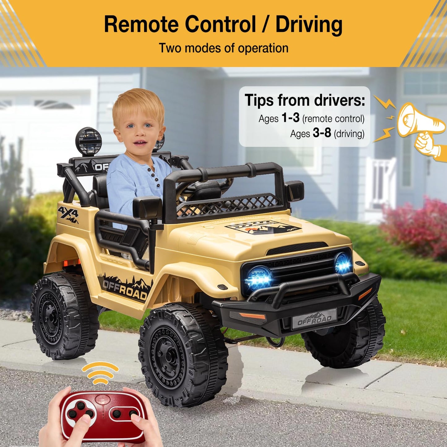 Garvee Ride - P Series: 12V Power Wheel Electric Car for Kids, Ride on Toys with Led Lights Bluetooth, 3 Speeds, Spring Suspension - Yellow