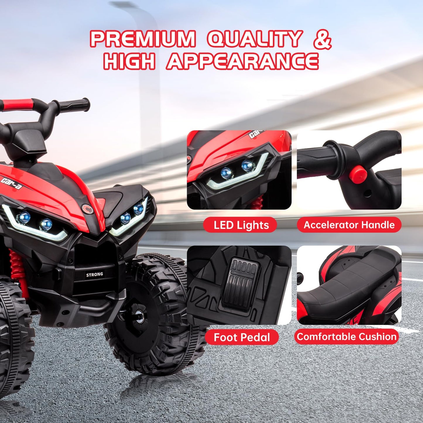 Garvee Ride - P Series: 12V Kids Quad ATV 4 Wheeler with Music, LED Lights for Boys & Girls - Red