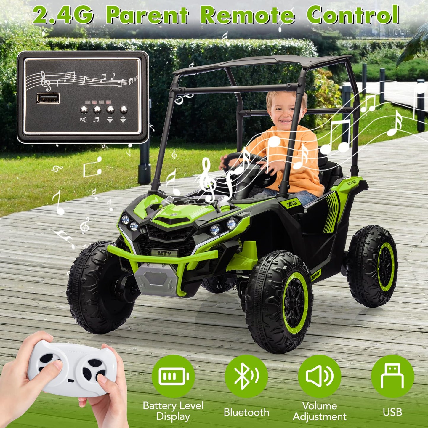 Garvee Ride - P Series: 24V Ride On Utv for Kids, 2 Seater Electric Truck With Sun Shade,4WD Electric Car Toy With Remote Control, Led Lights, 4 Shock Absorbersm,One Click Start, Music Player - Green