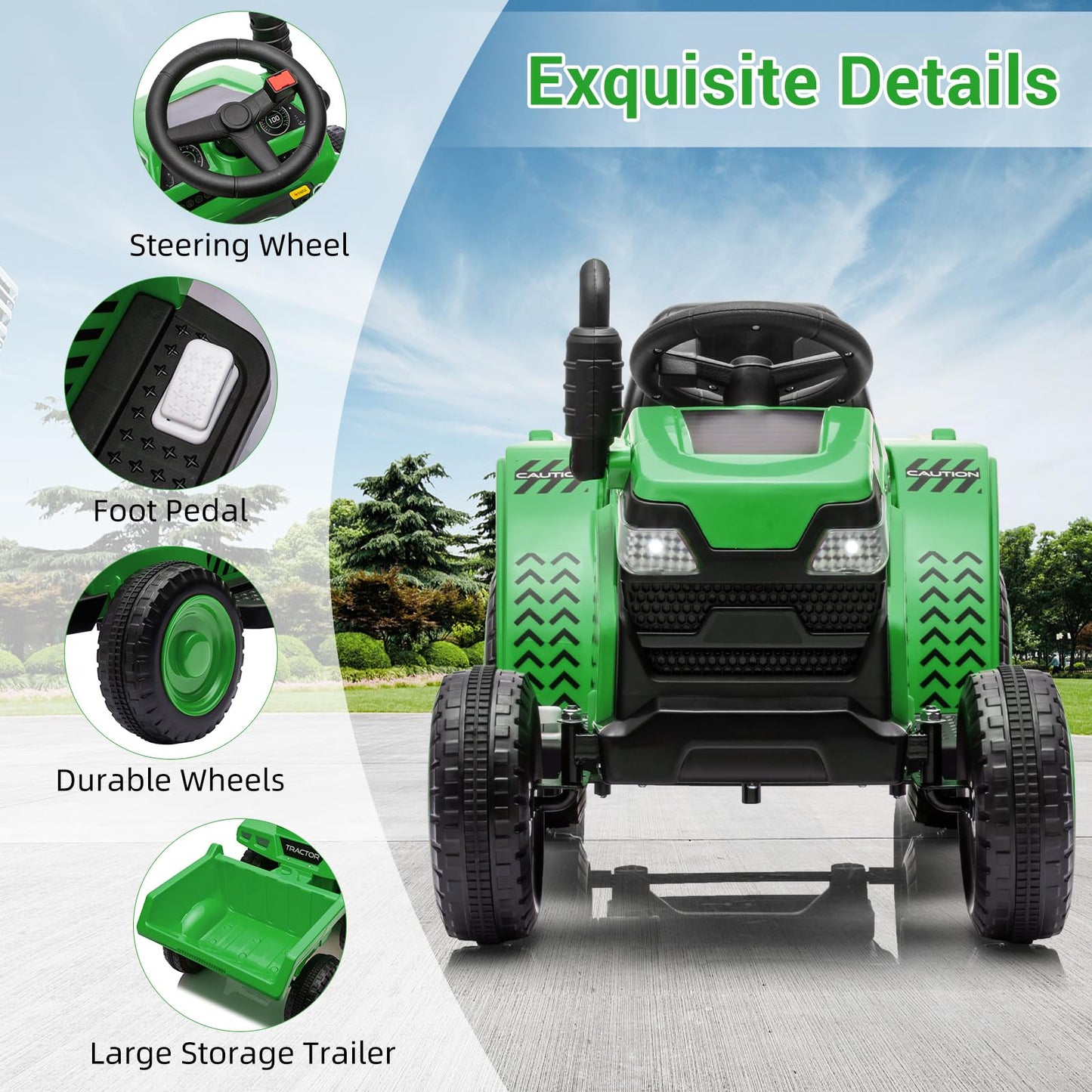 Garvee Ride - P Series: Kids Ride on Tractor with Trailer, Kids’ Electric Vehicles with Wear-Resistant Wheels, LED Headlights, Music & USB Port, Kids Ride on Car Toys for Toddlers Kids, Green