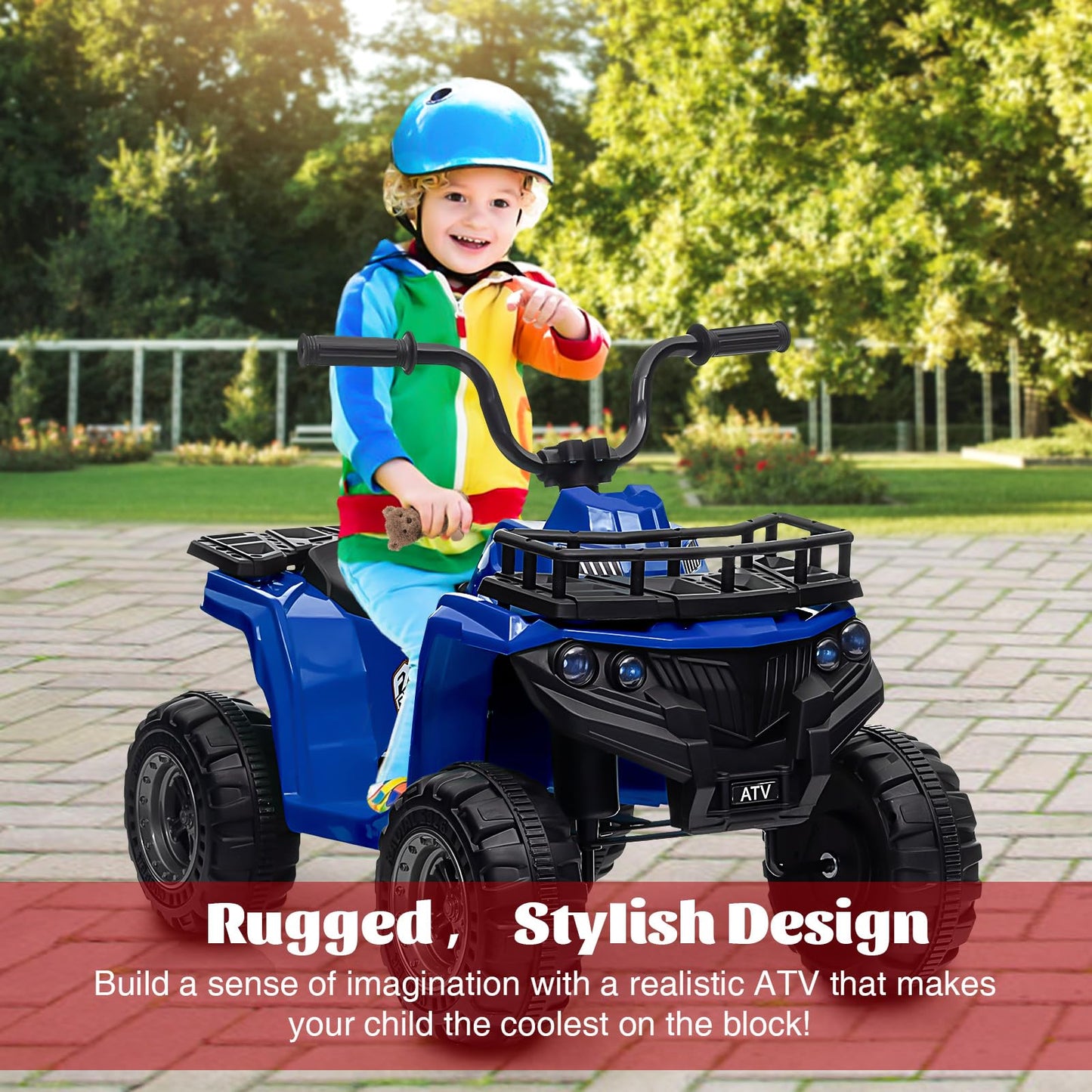 Garvee Ride - P Series: 12V Kids Ride On Electric Quad ATV, Ride Car Toy with Bluetooth Audio,High/Low Speed, LED Headlights, Battery Indicator & Radio Orange - Blue