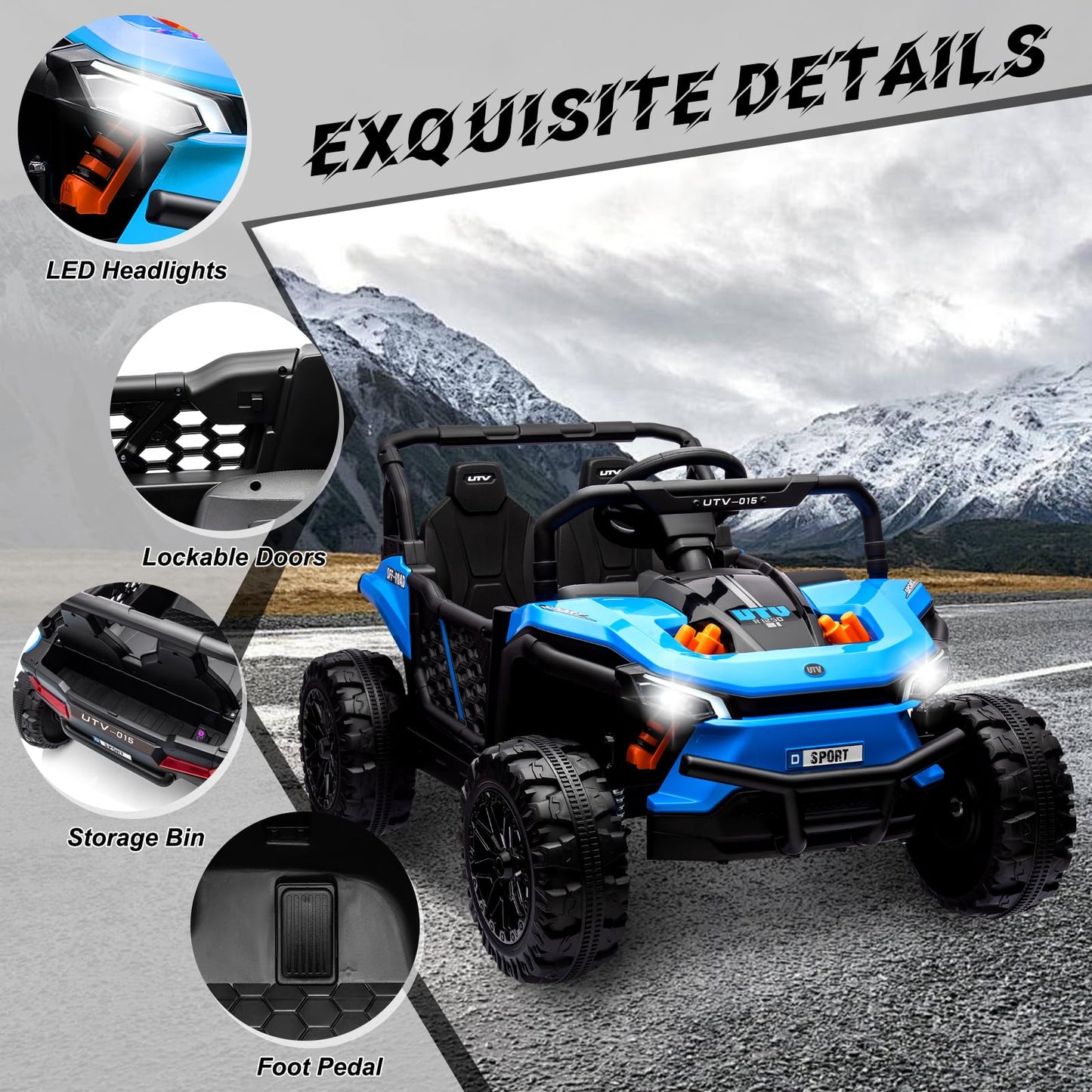 Garvee Ride - P Series: 12V Electric UTV Car with Remote Control, Ride on Truck with Toy Storage, Spring Suspension, LED Headlights, Ride Cars w/4 Wheels, Ride on Toys for Boys Girls, Blue