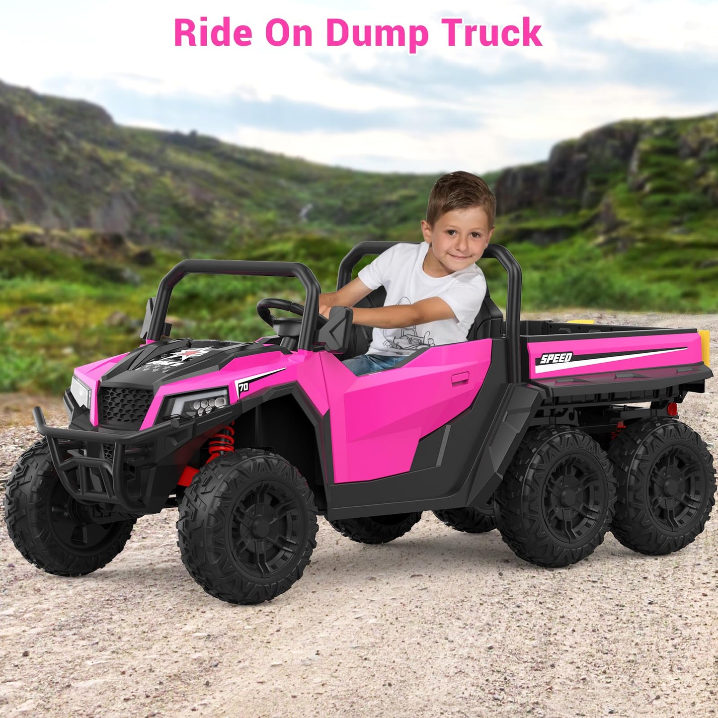 Garvee Ride - P Series: 24V 4WD Electric Ride On Dump Truck with Remote Control, 2-Seater, Music Player, LED Lights, Key Start Safety System, Durable Plastic, Off-Road Kids Toy for Ages 3+ - Pink
