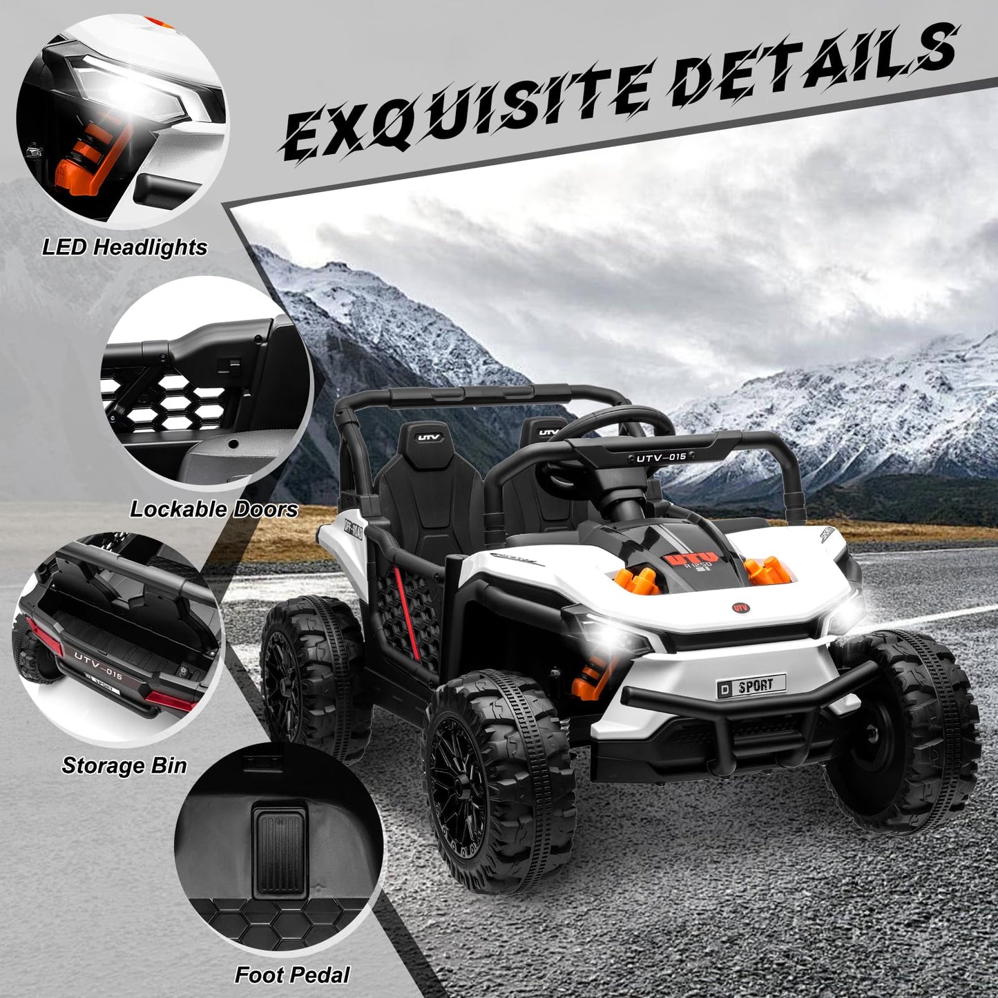 Garvee Ride - P Series: 12V Electric UTV Car with Remote Control, Ride on Truck with Toy Storage, Spring Suspension, LED Headlights, Ride Cars w/4 Wheels, Ride on Toys for Boys Girls, White