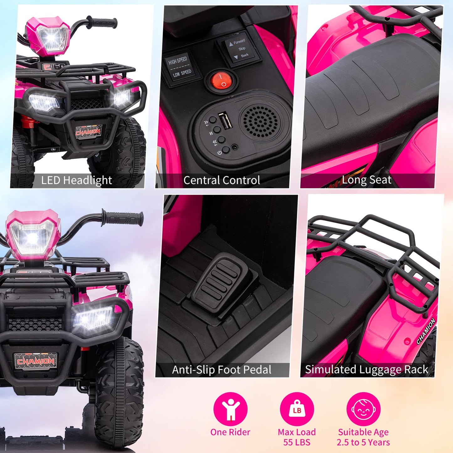 Garvee Ride - P Series: 12V Ride on ATV for Kids, Electric Vehicle for Toddlers,High/Low 2.2mph Safety Speed for Child, Forward/Backward,LED Light, Music,USB for Boys Girls Gift- Pink