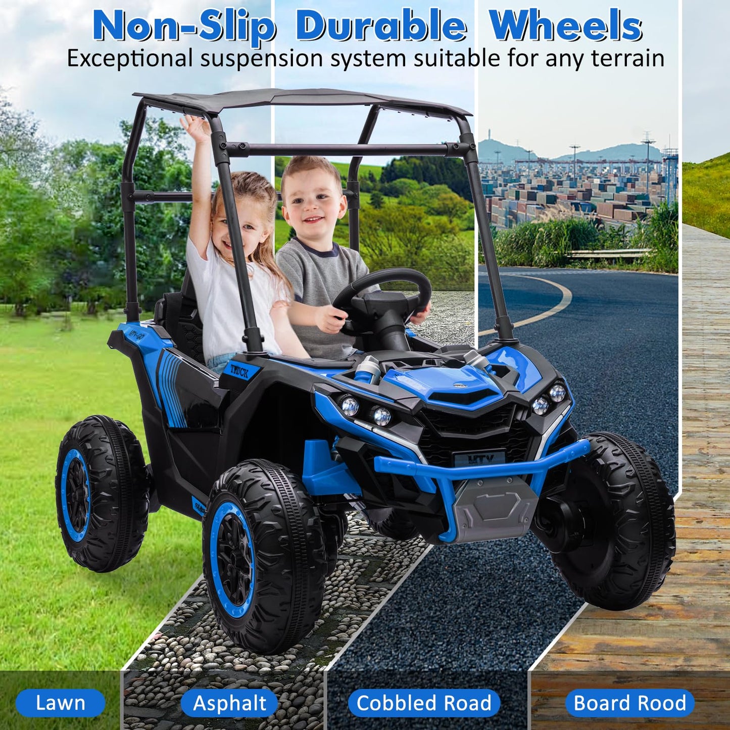 Garvee Ride - P Series: 24V Ride On Utv for Kids, 2 Seater Electric Truck With Sun Shade,4WD Electric Car Toy With Remote Control, Led Lights, 4 Shock Absorbersm,One Click Start, Music Player - Blue