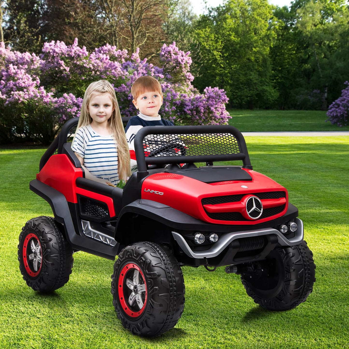 Garvee Ride - P Series: 2 Seater Kids Ride On Truck 24V Ride On Toy Licensed Mercedes Benz Battery Powered Electric Vehicle for Toddles with Remote Control, Battery Display, Trunk, Spring Suspension, LED Lights, Music, Red