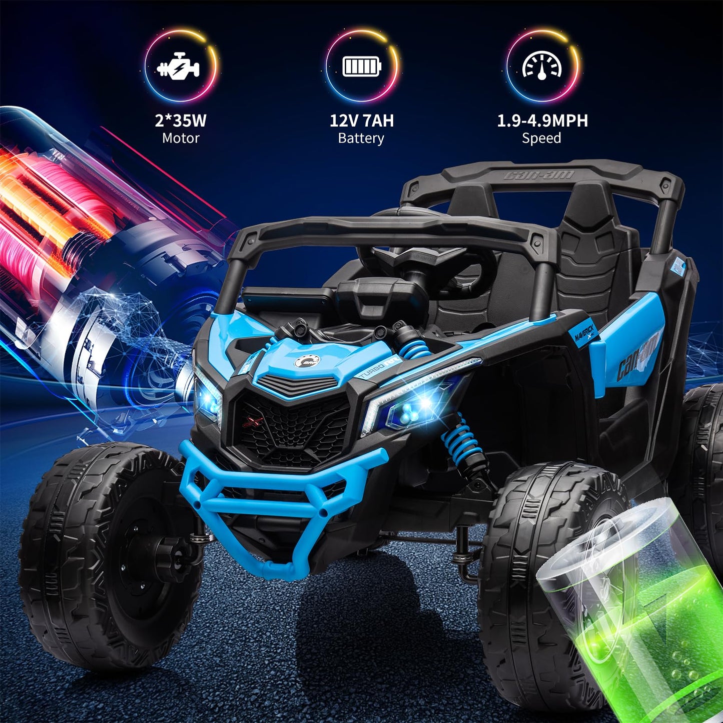 Garvee Ride - P Series: 12V Can-Am Ride-On UTV: Remote Control, Large Seat, Music, LED Lights, Spring Suspension, for Boys & Girls - Blue