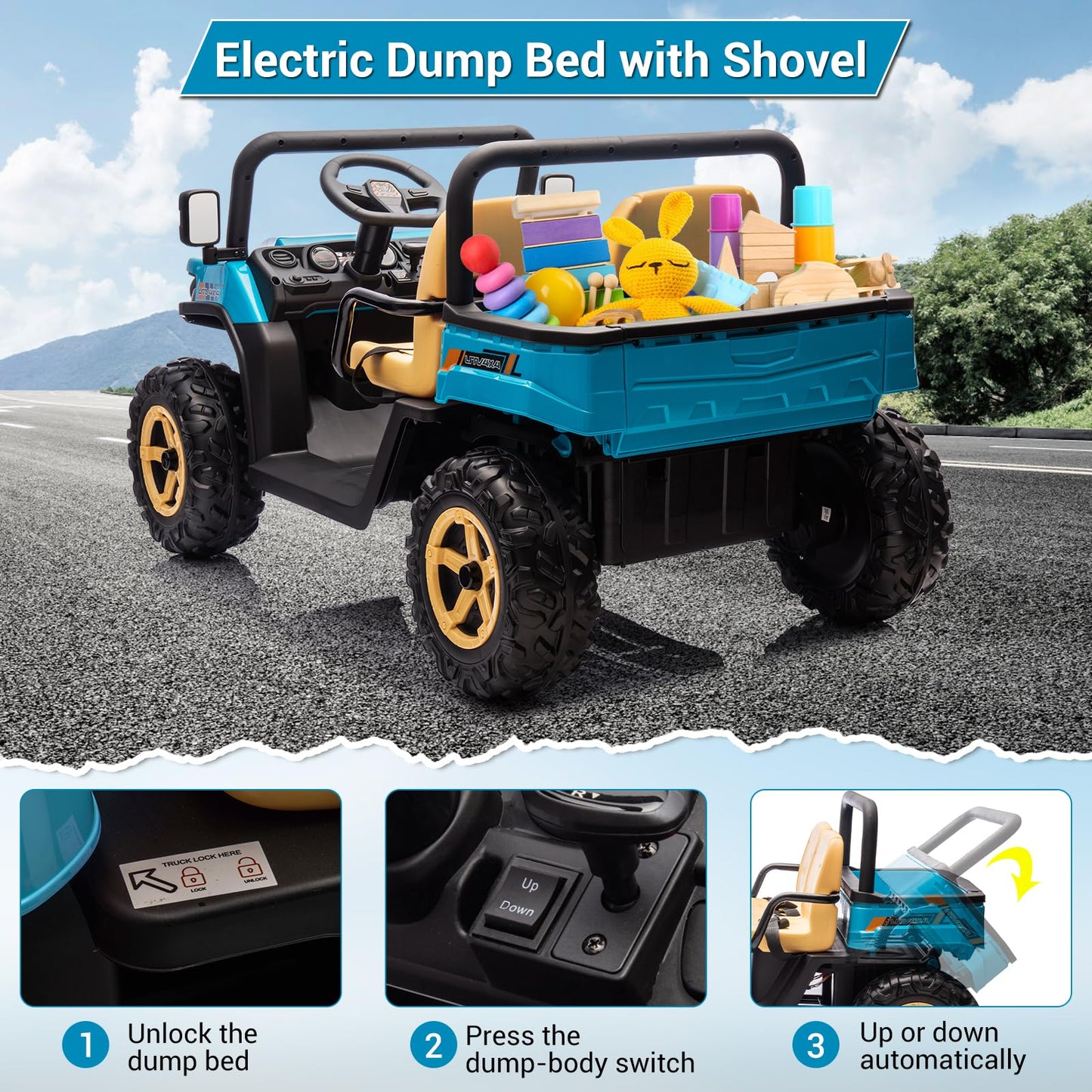Garvee Ride - P Series: 24v Ride On Dump Truck, 2 Seater Electric Ride On Car Toy for Kids, Battery Powered UTV with 4x35W Motors, Shovel, Bluetooth, Remote Control, Music, LED Lights for Boys & Girls - Blue