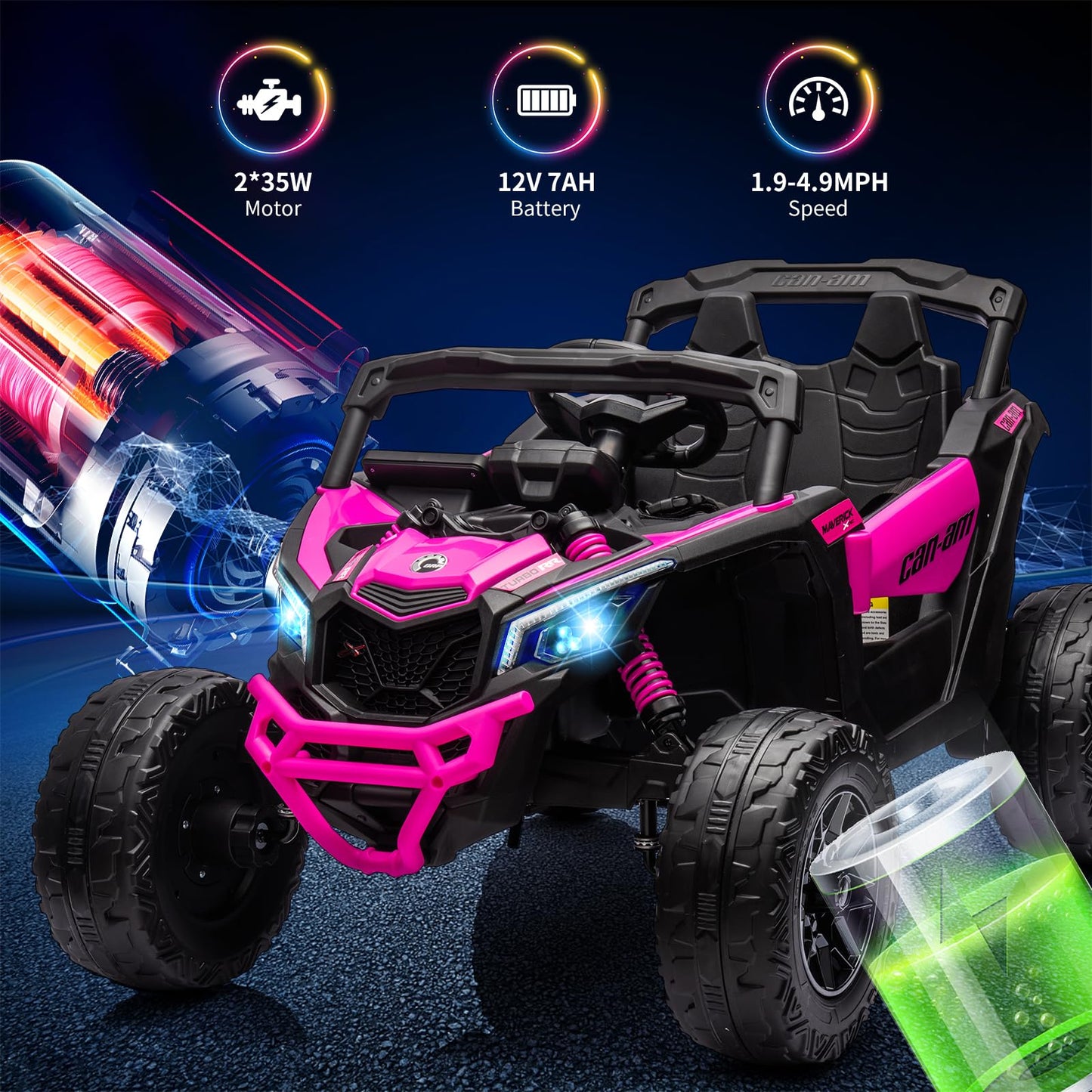 Garvee Ride - P Series: 12V Can-Am Ride-On UTV: Remote Control, Large Seat, Music, LED Lights, Spring Suspension, for Boys & Girls - Rose