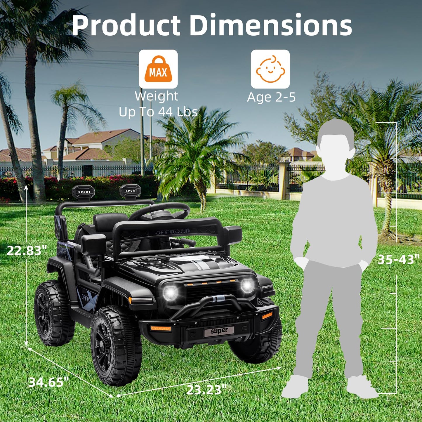 Garvee Ride - P Series: 12V Ride On Toy w/Parent Remote Control, Steering Wheel Music, 4-Wheel Spring Suspension, Led Lights, 2 Speeds, Kids Electric Vehicles for Age 3-5, Black