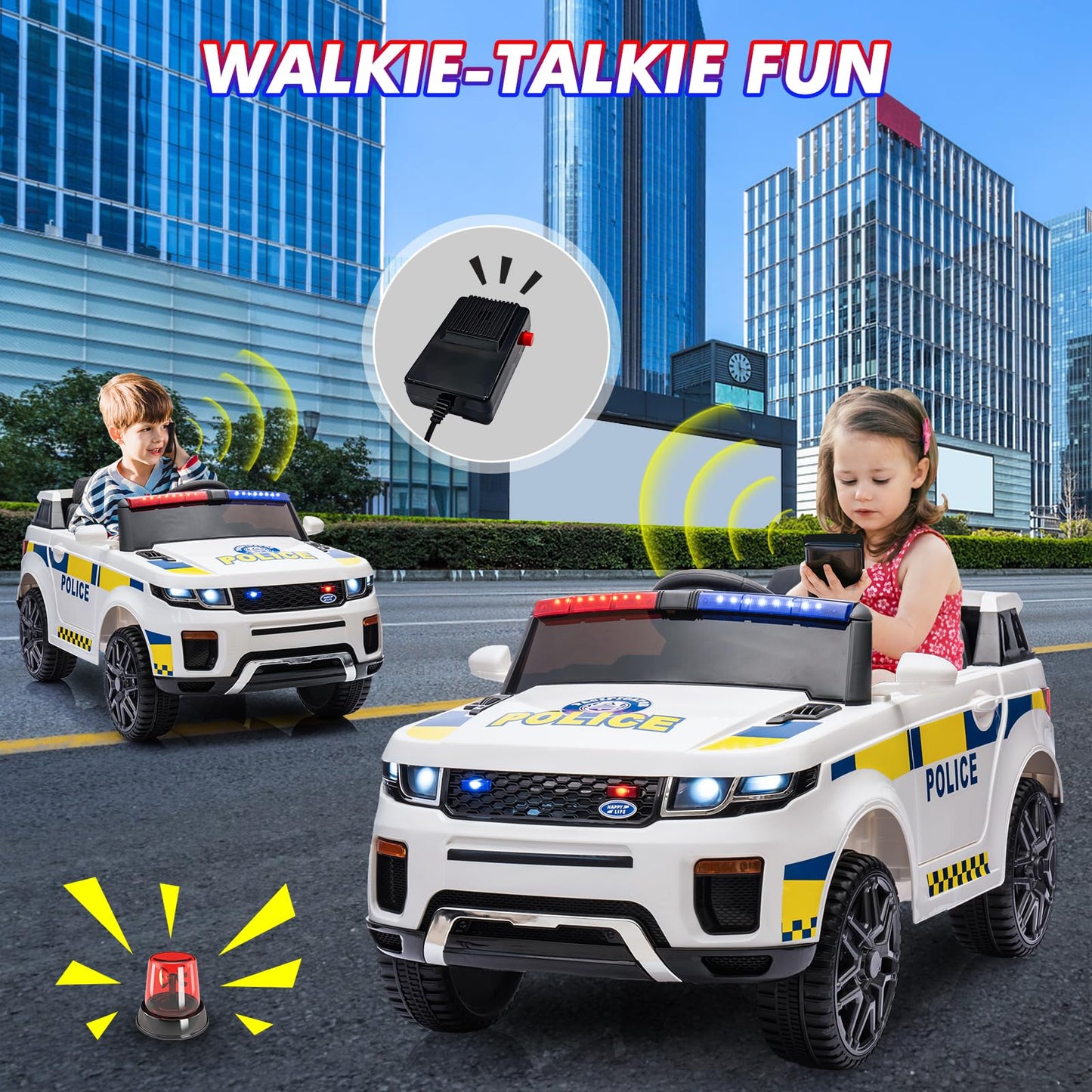 Garvee Ride - P Series: 12V Kids Ride On Police Car SUV Battery Operated Ride On Toy Toddlers Electric Cars with 2.4G Remote Control, LED Flashing Light, Megaphone, Spring Suspension, Handle, Music, White