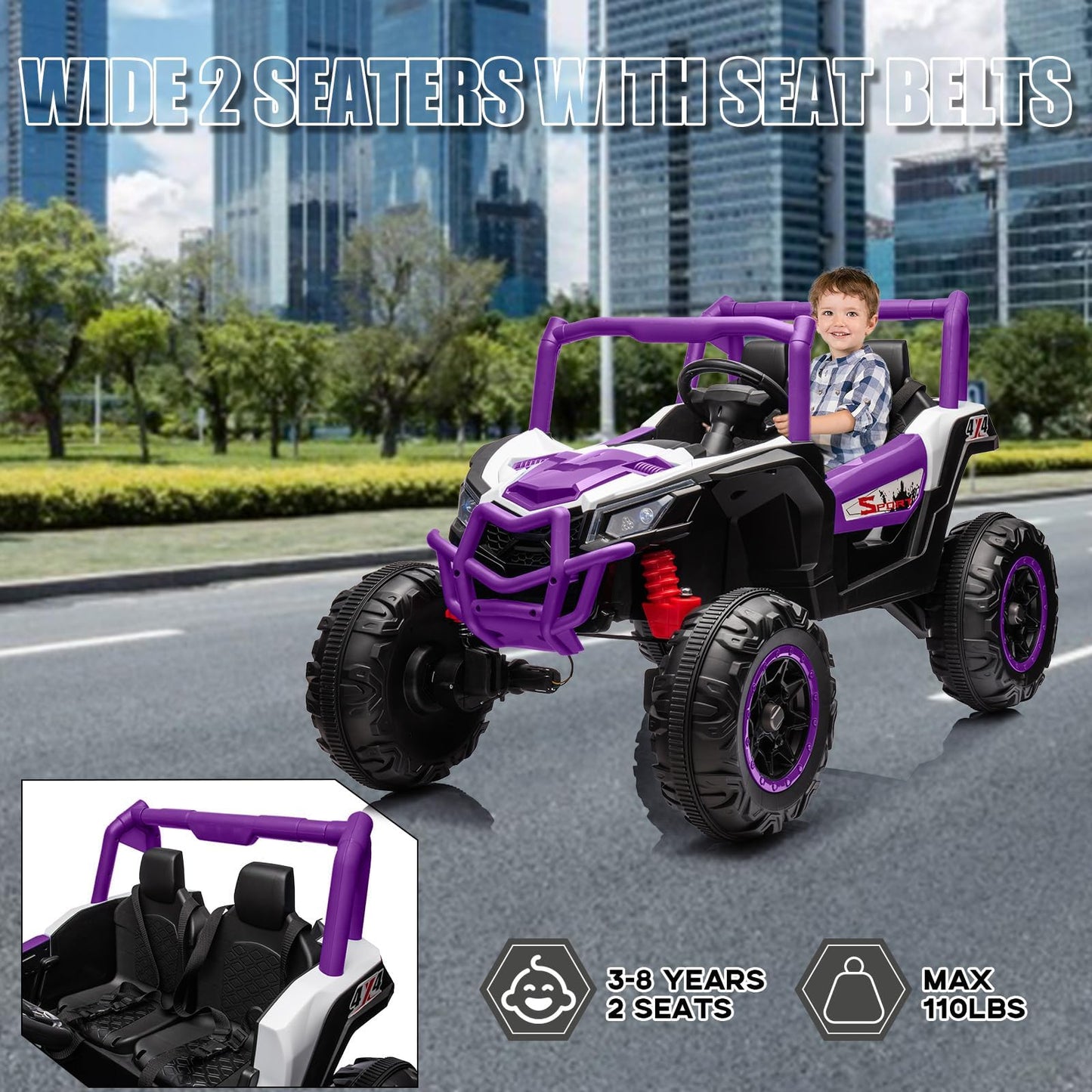 Garvee Ride - P Series: 2 Seater Ride on Car,12V Battery Powered Off-Road UTV Toy,Electric Car with Remote Control,Metal Frame,EVA Wheels,LED,Spring Suspension for 3-8 Boys&Girls - Purple