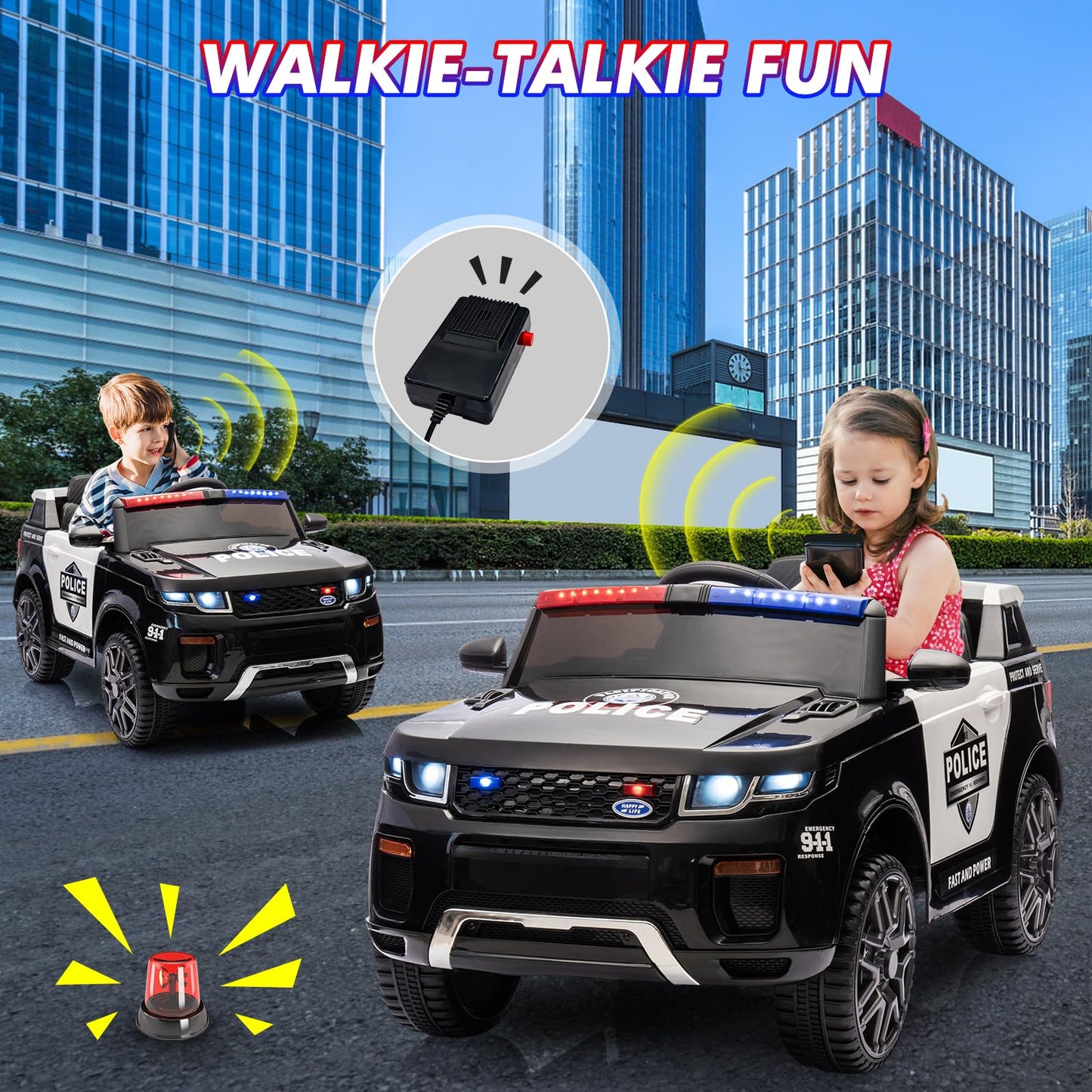 Garvee Ride - P Series: 12V Kids Ride On Police Car Suv Battery Operated Ride On Toy Toddlers Electric Cars With 2.4G Remote Control, LED Flashing Light, Megaphone, Spring Suspension, Handle, Music, Black