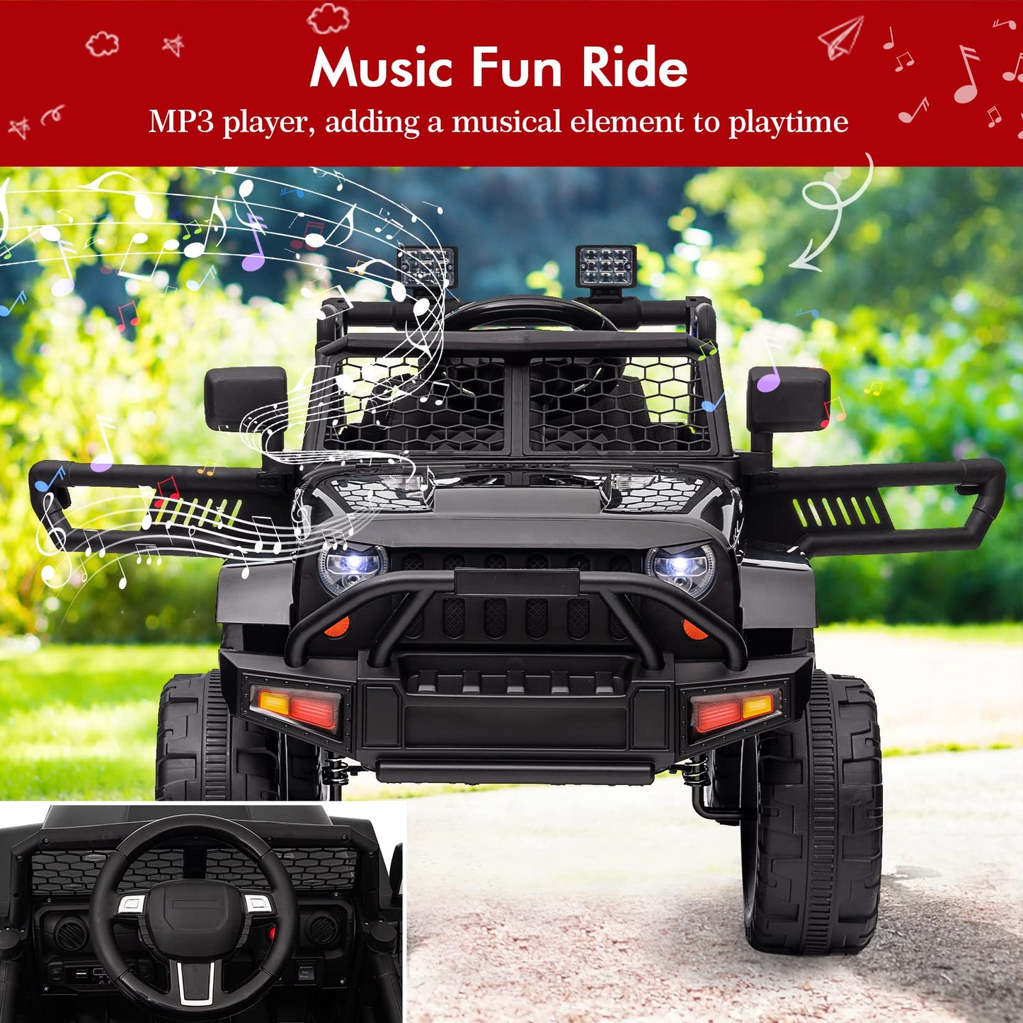 Garvee Ride - P Series: 12V Ride On Truck Car for kid : Remote Control, 3 Speeds, MP3 Music, Suspension, LED Lights,for 3+ Year Old - Black