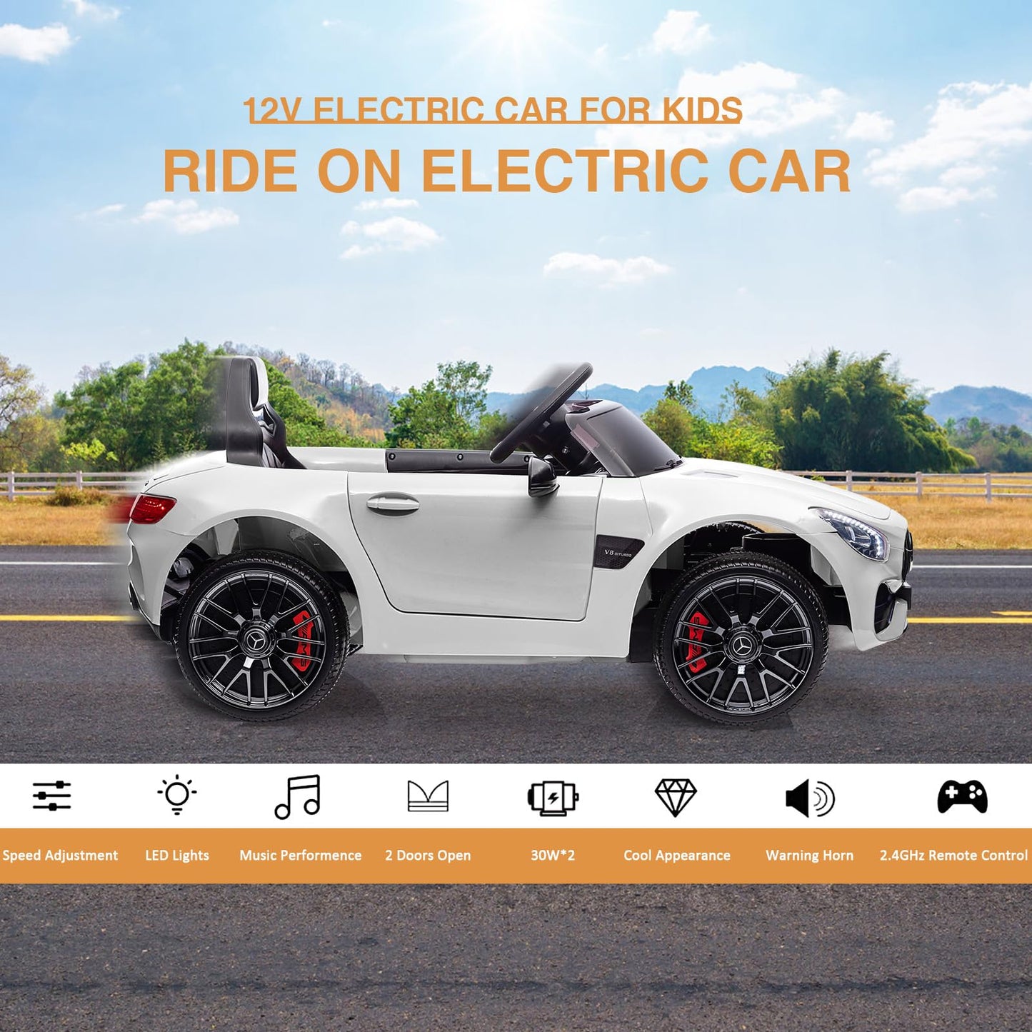 Garvee Ride Car for Kids, 12V Power Battery Electric Vehicles for 3-7 Toddlers, Licensed Mercedes-Benz with Remote Control, MP3 Player - White