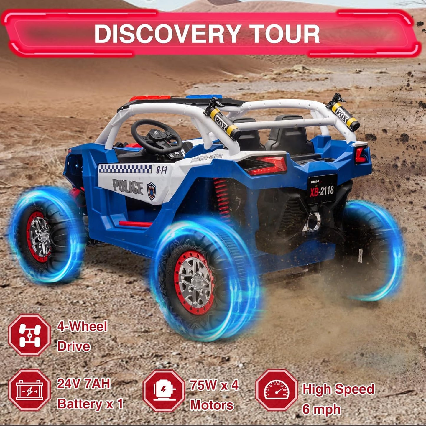 Garvee Ride - P Series: 24V 2 Seater Kids Ride on UTV Car For age 3+, w/Remote Control, 4WD Powerful Electric Vehicle with 4x75W Motors, 4 Shock Absorber, Leather Seat, Music and Light - Blue