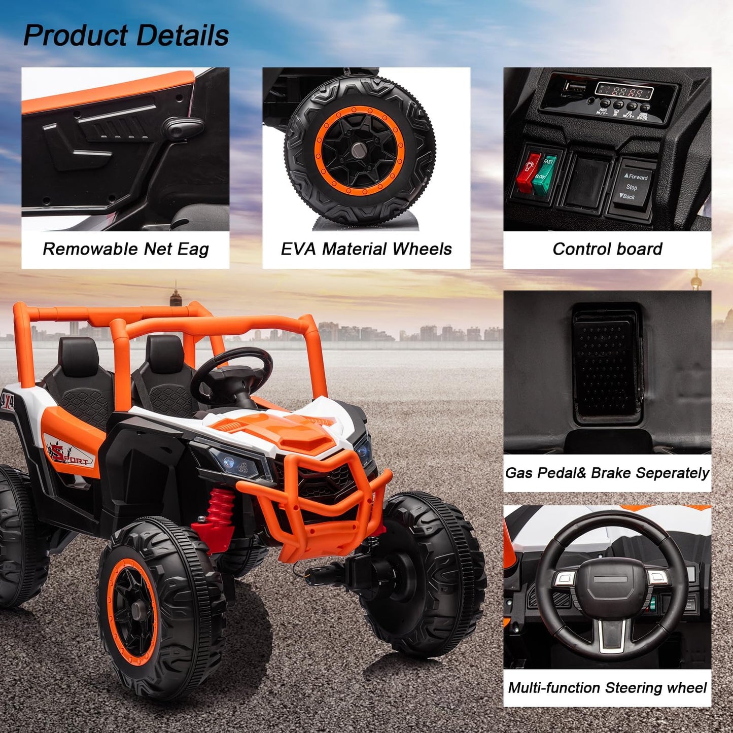 Garvee Ride - P Series: 2 Seater Ride on Car,12V Battery Powered Off-Road UTV Toy,Electric Car with Remote Control,Metal Frame,EVA Wheels,LED,Spring Suspension for 3-8 Boys&Girls - Orange