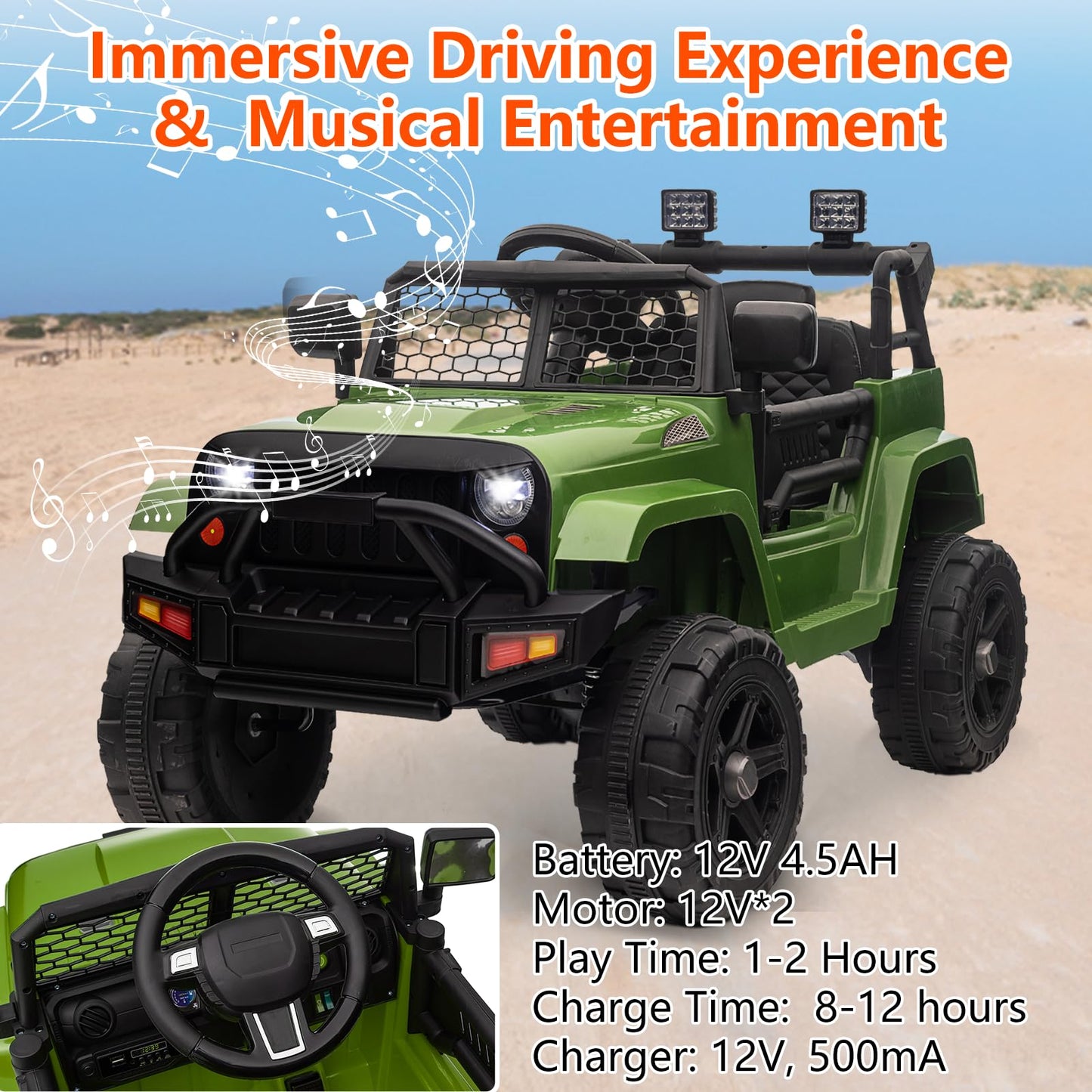 Garvee Ride - P Series: 12V Ride On Truck Car for kid : Remote Control, 3 Speeds, MP3 Music, Suspension, LED Lights,for 3+ Year Old - Green