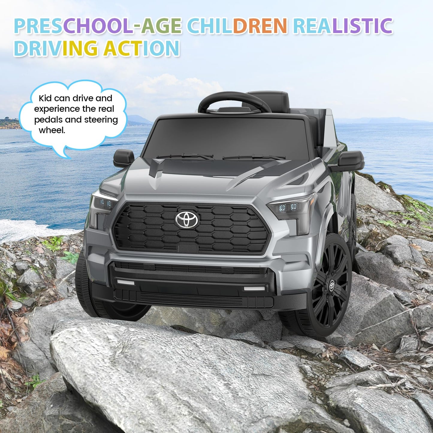 Garvee Ride on Truck Car, 12V Licensed Toyota Electric Cars for Kids, Ride on Toys with Remote Control, Spring Suspension, LED Lights, Bluetooth, 3 Speeds - Grey