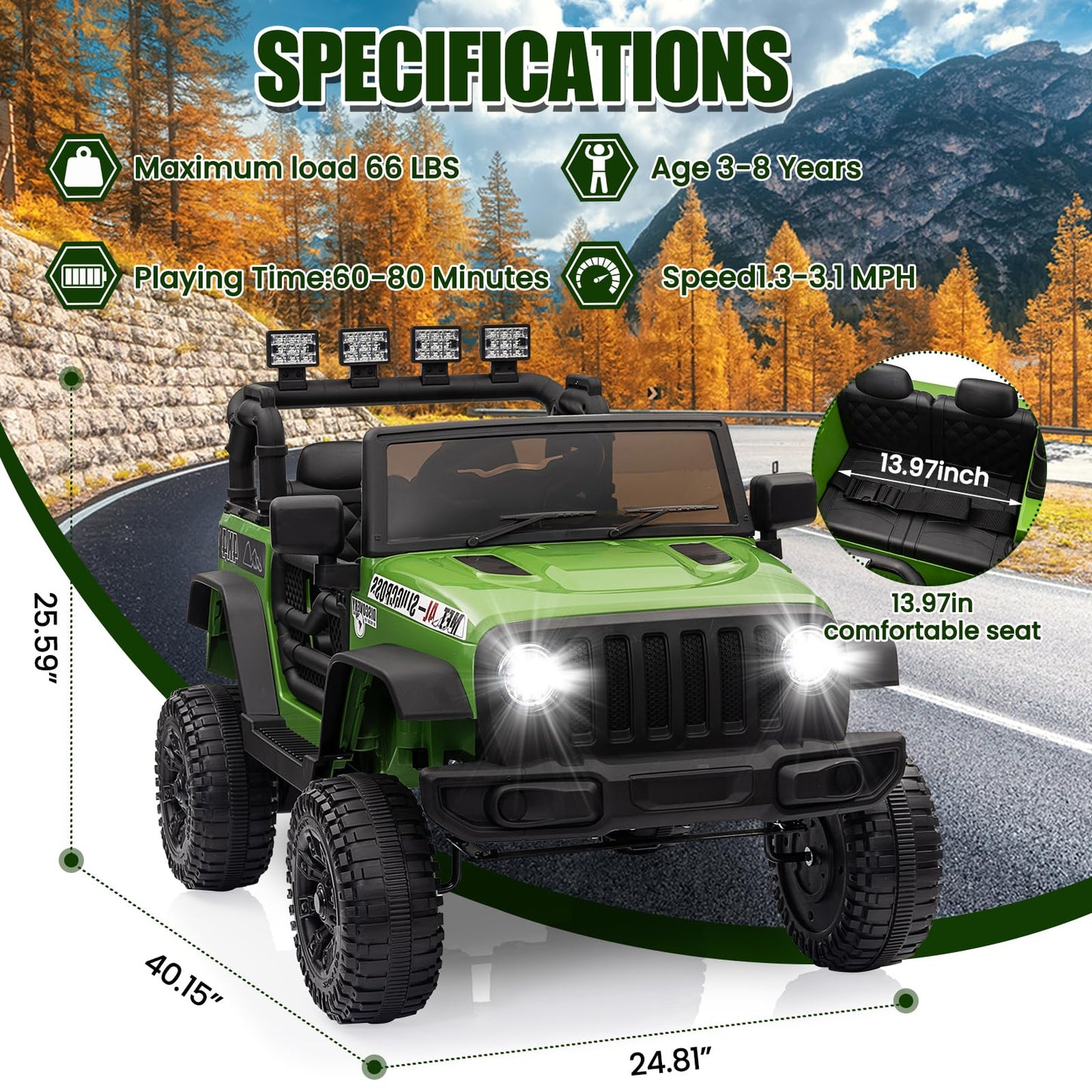 Garvee Ride - P Series: 12V Kids Electric Vehicles with Remote Control, 2 Speeds, Spring Suspension, LED Headlight, Bluetooth, Music, Battery Powered Car for Kids - Green
