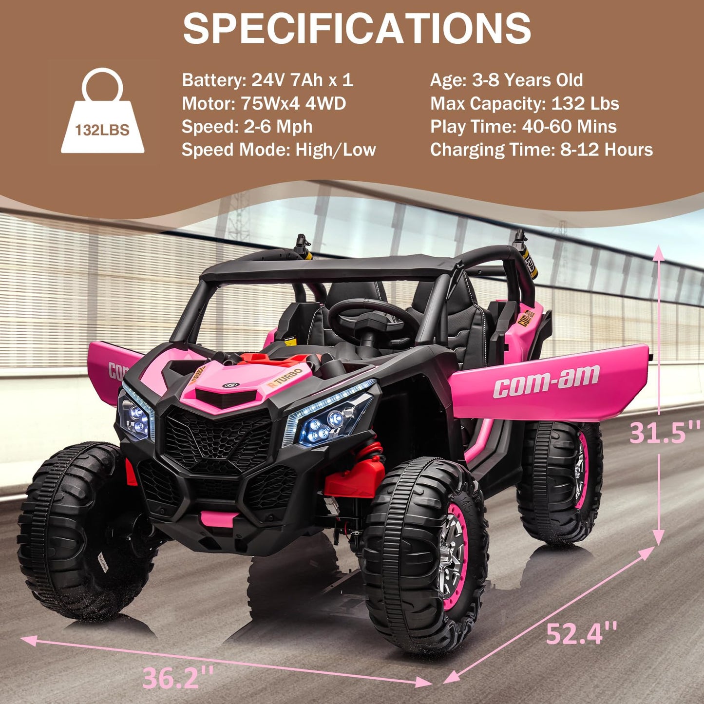 Garvee Ride - P Series: 24V 2 Seater Kids Ride on UTV Car For age 3+, w/Remote Control, 4WD Powerful Electric Vehicle with 4x75W Motors, 4 Shock Absorber, Leather Seat, Music and Light - Pink