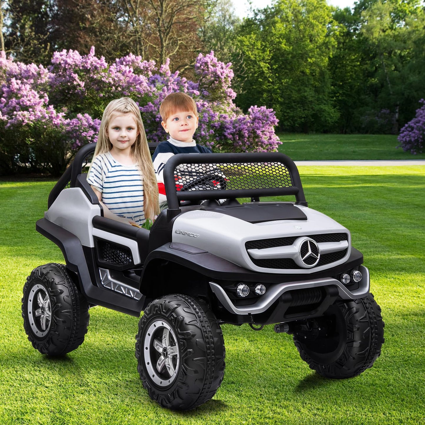 Garvee Ride - P Series: 2 Seater Kids Ride On Truck 24V Ride On Toy Licensed Mercedes Benz Battery Powered Electric Vehicle for Toddles With Remote Control, Battery Display, Trunk, Spring Suspension, LED Lights, Music, White